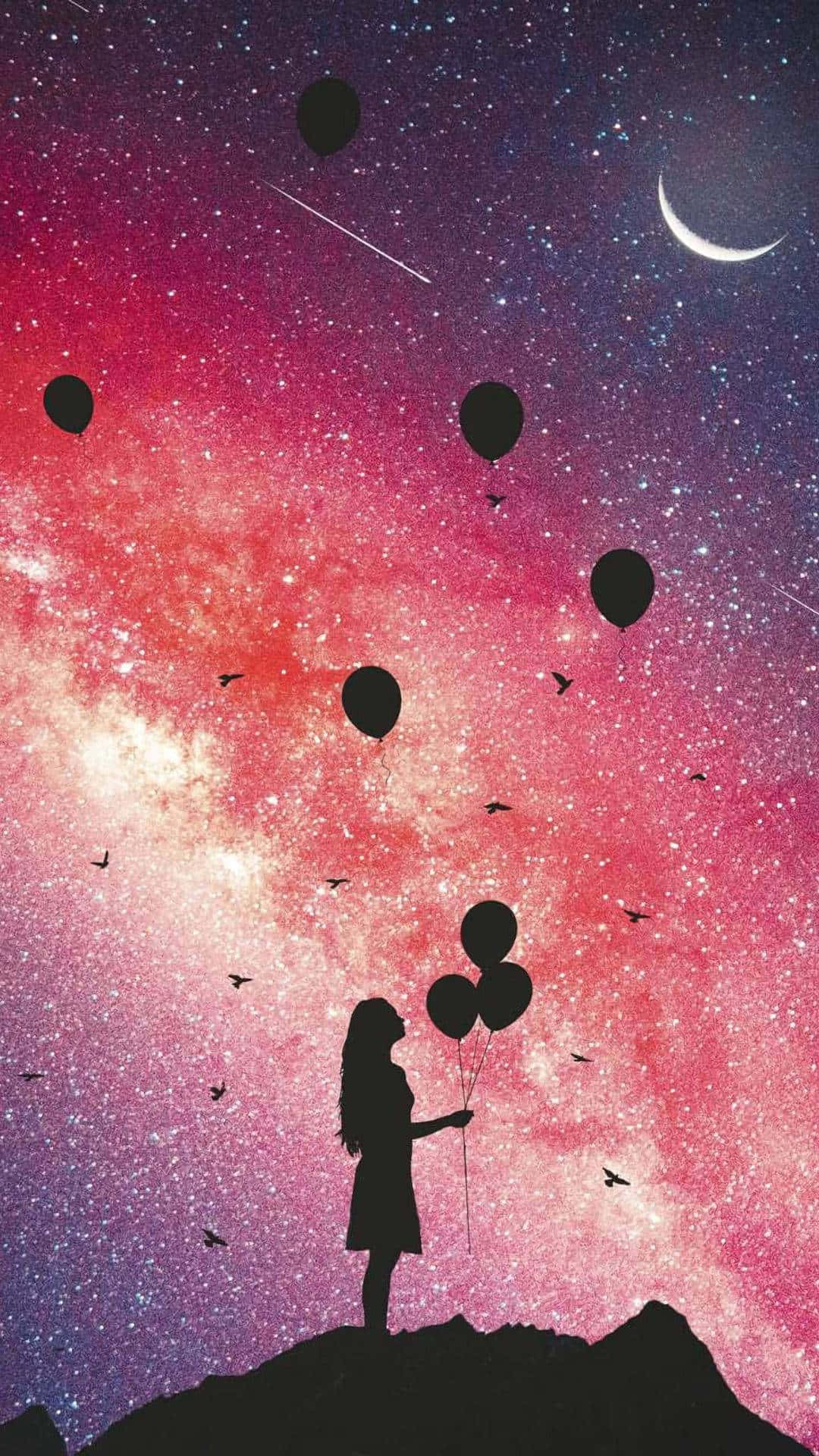 Kawaii Galaxy, pink purple starry sky, crescent moon, Full HD Phone Wallpaper