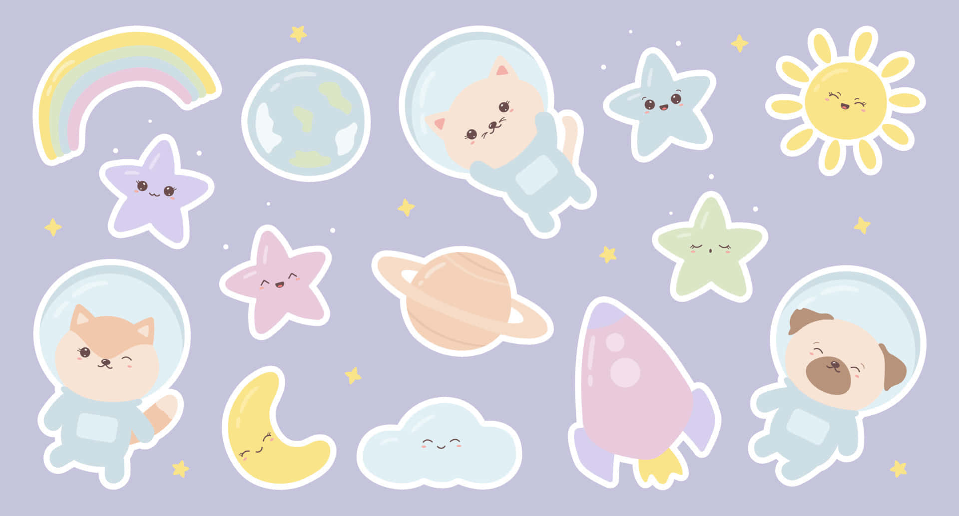 Kawaii Space, cute cartoon animals, space suits, Full HD Desktop Wallpaper