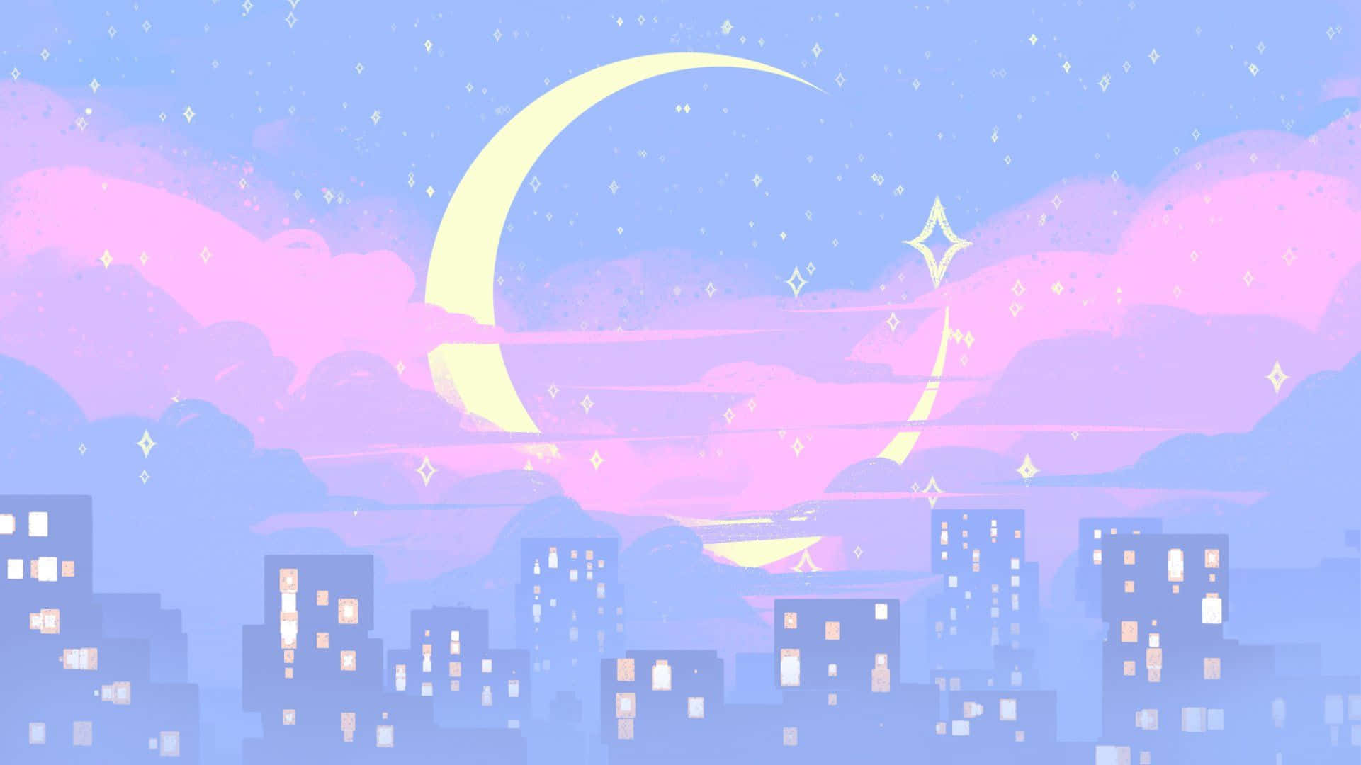 Kawaii Space, pastel pink and blue cityscape, glowing crescent moon, Full HD Desktop Wallpaper