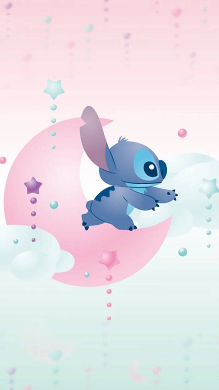 Stitch, pink crescent moon, pastel pink, SD Phone Wallpaper