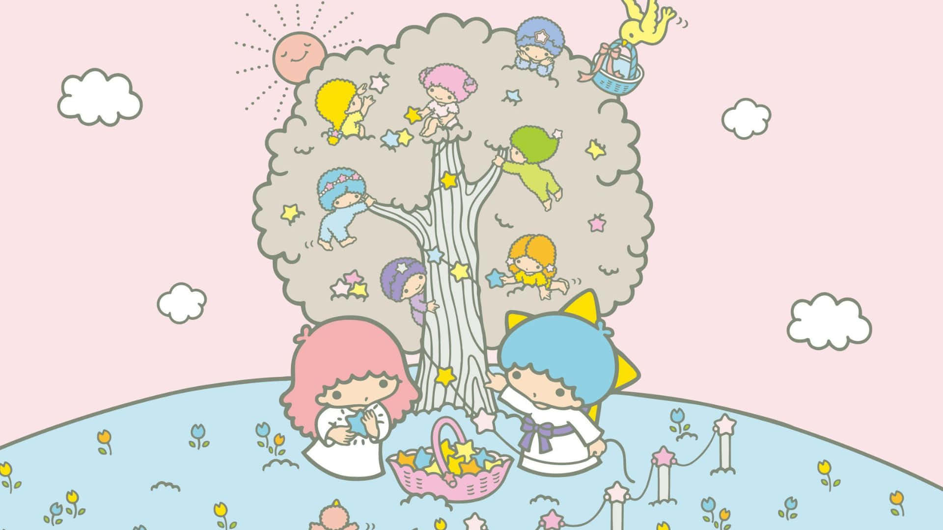 kawaii art, starry tree, smiling sun, Full HD Desktop Wallpaper