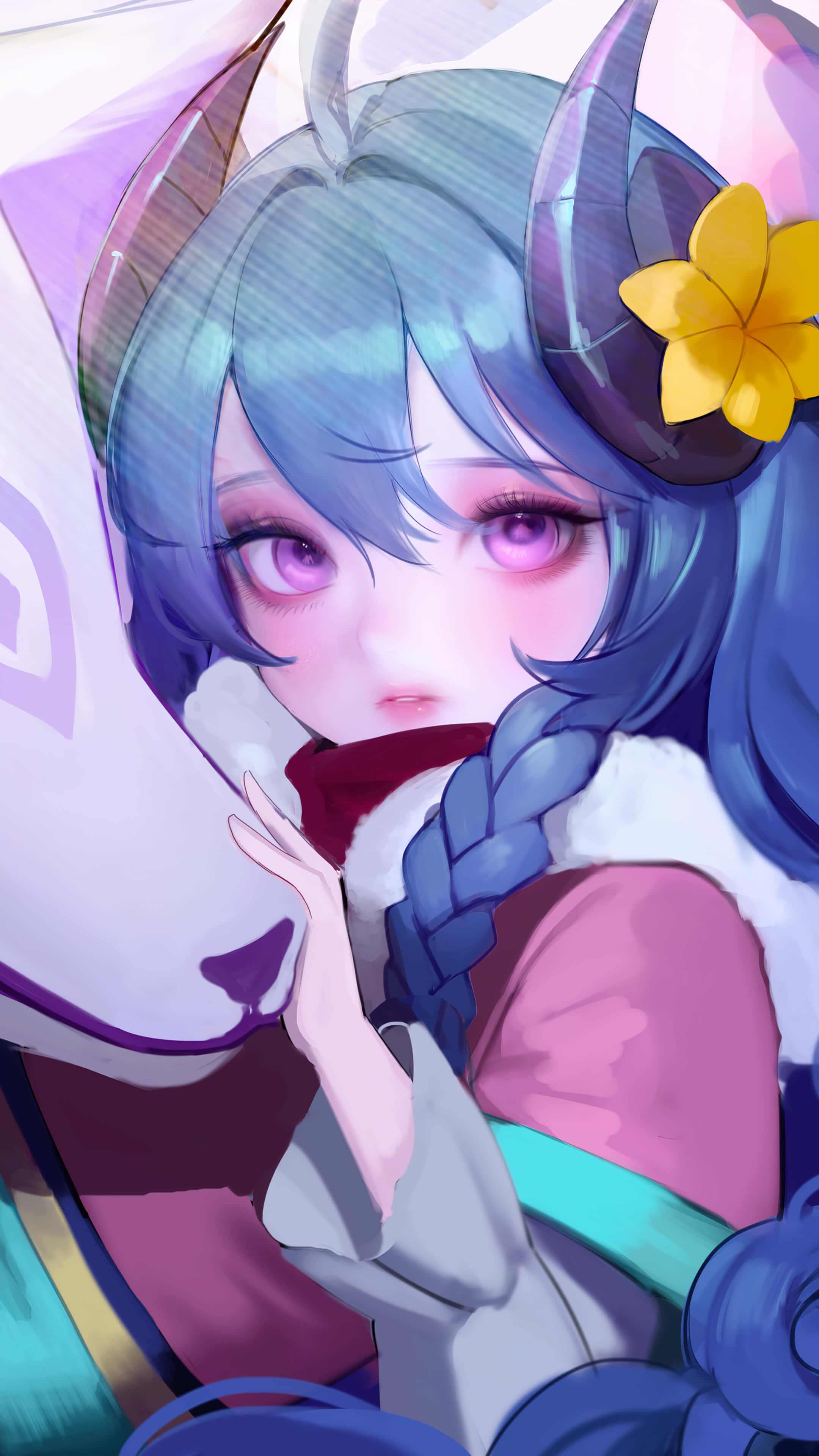 kawaii art, blue hair, fox ears, 4K Phone Wallpaper