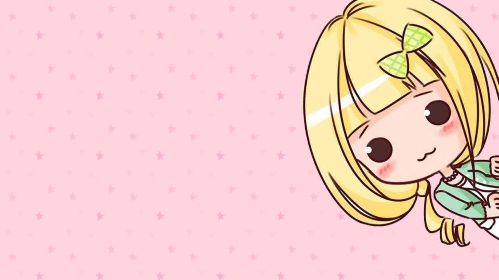 chibi anime girl, blonde hair, green bow, Full HD Desktop Wallpaper