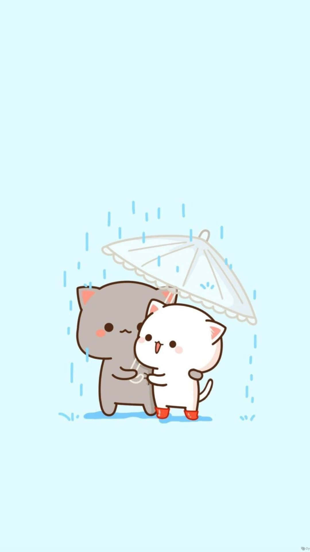 kawaii cartoon character, two cute cartoon cats, white umbrella, Full HD Phone Wallpaper