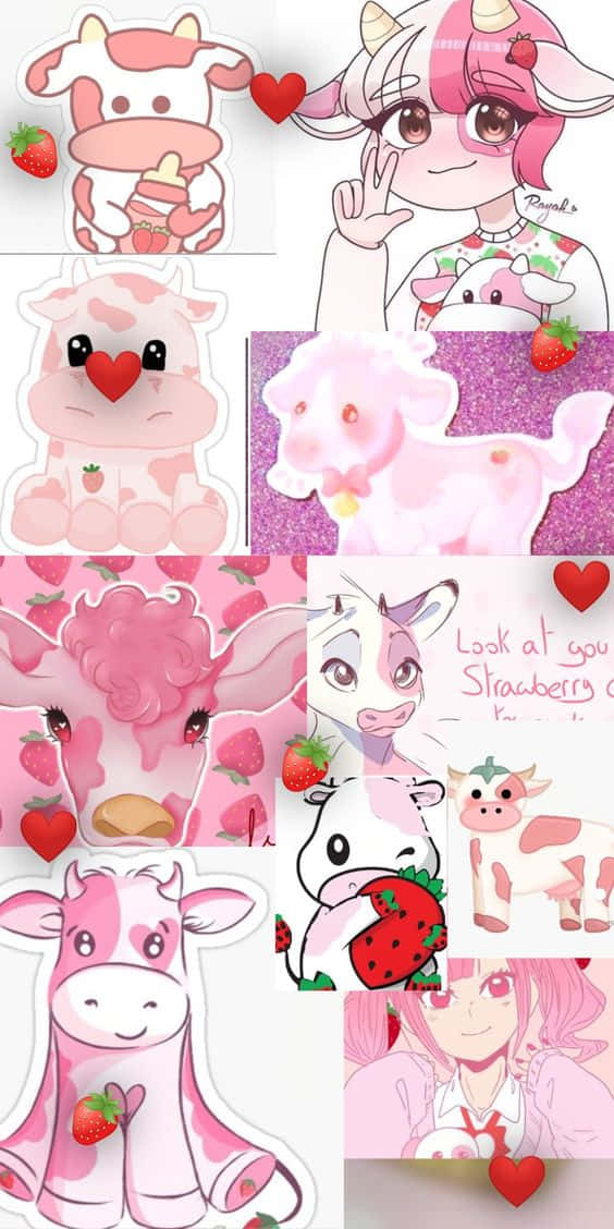 Adorable Pink Cow, pink anime-style cow characters, strawberries, SD Phone Wallpaper