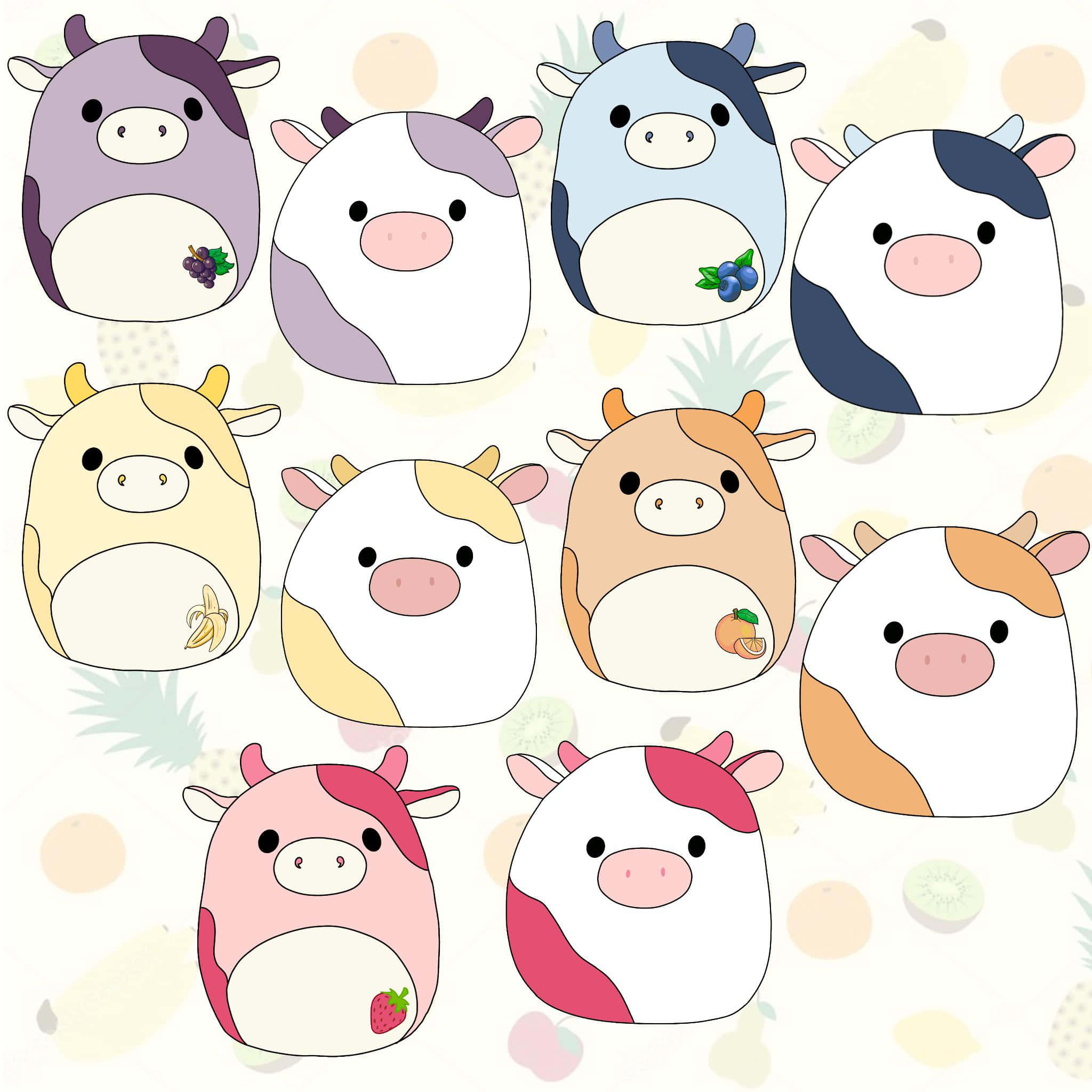 Kawaii Strawberry Cow, pastel color patterns, fruit slices, Full HD Desktop Wallpaper