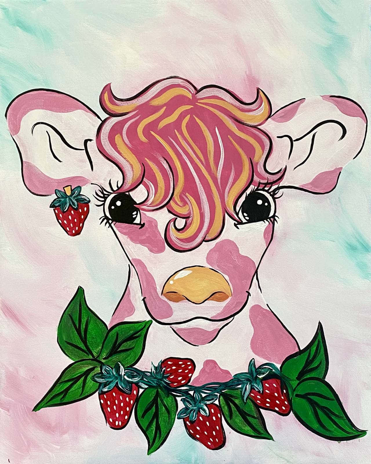 Kawaii Strawberry Cow, pink cow, curly hair, HD Phone Wallpaper