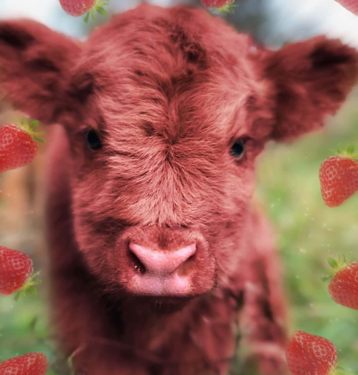 Kawaii Strawberry Cow, reddish-brown calf, strawberries, HD Phone Wallpaper