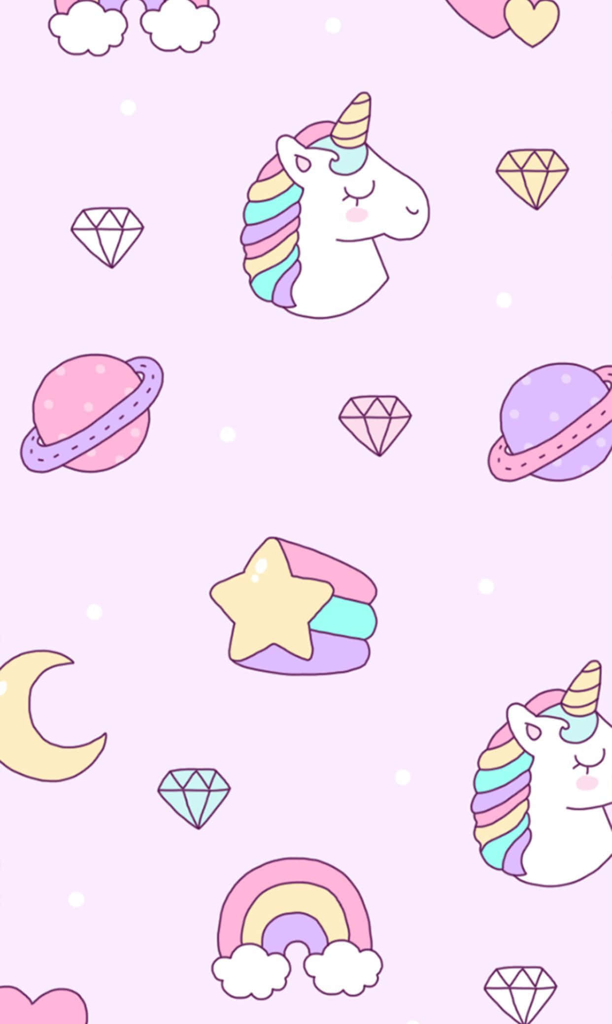 kawaii unicorn, starry night sky, pastel pink, Full HD Phone Wallpaper