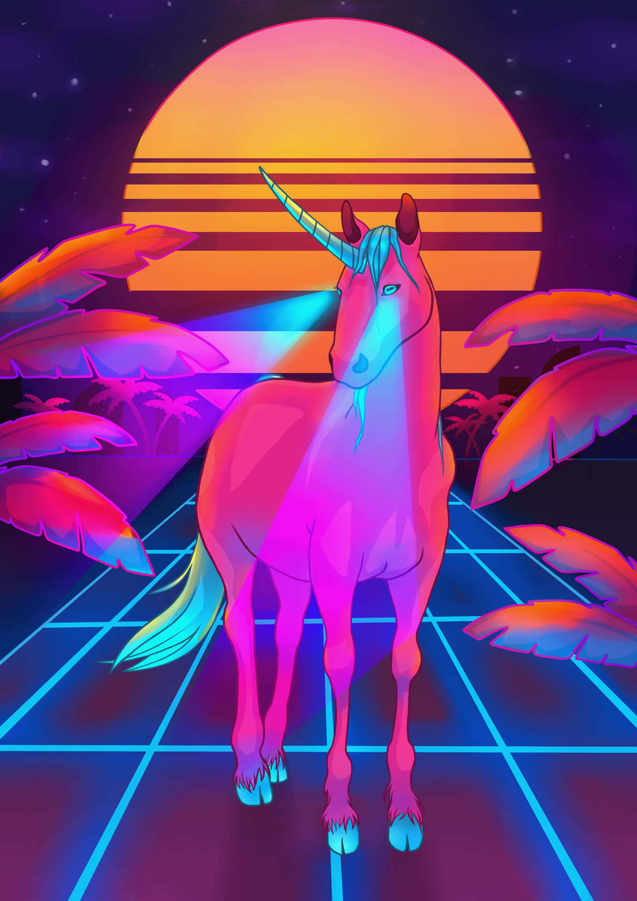 retro synthwave unicorn, neon unicorn, vibrant sunset, HD Phone Wallpaper