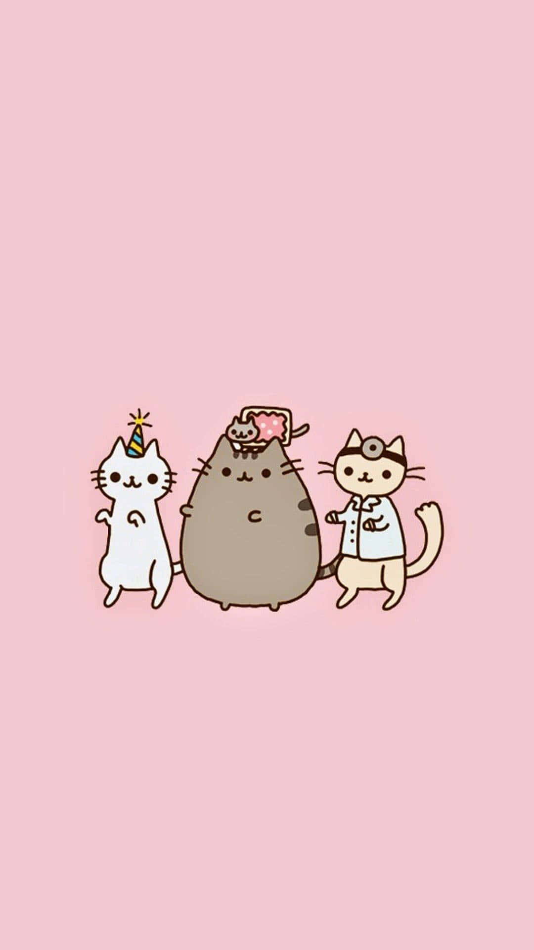 kawaii valentine, three cute cartoon cats, soft pink background, Full HD Phone Wallpaper