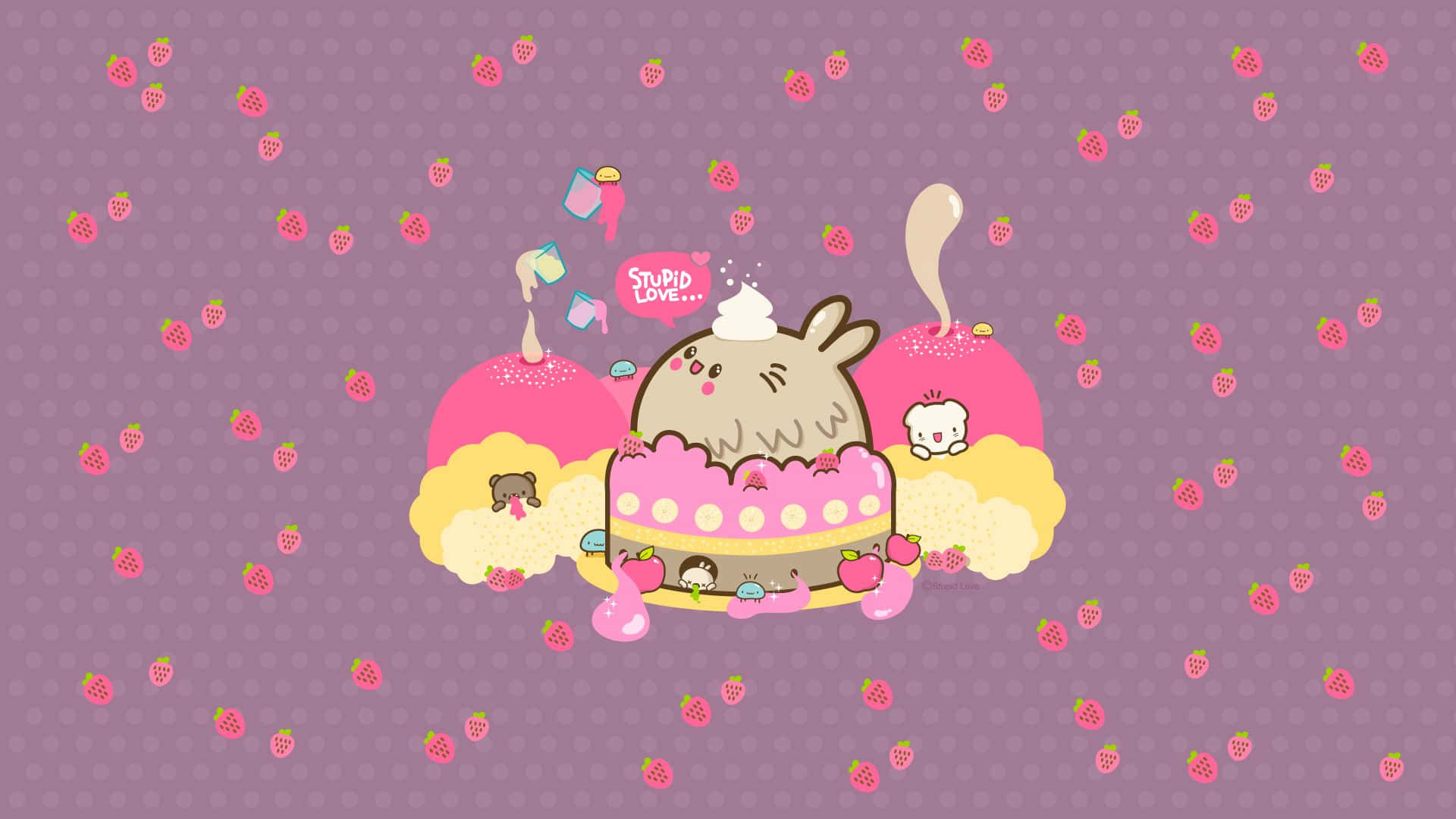 Kawaii Valentine, cartoon bunny, pink cake, Full HD Desktop Wallpaper