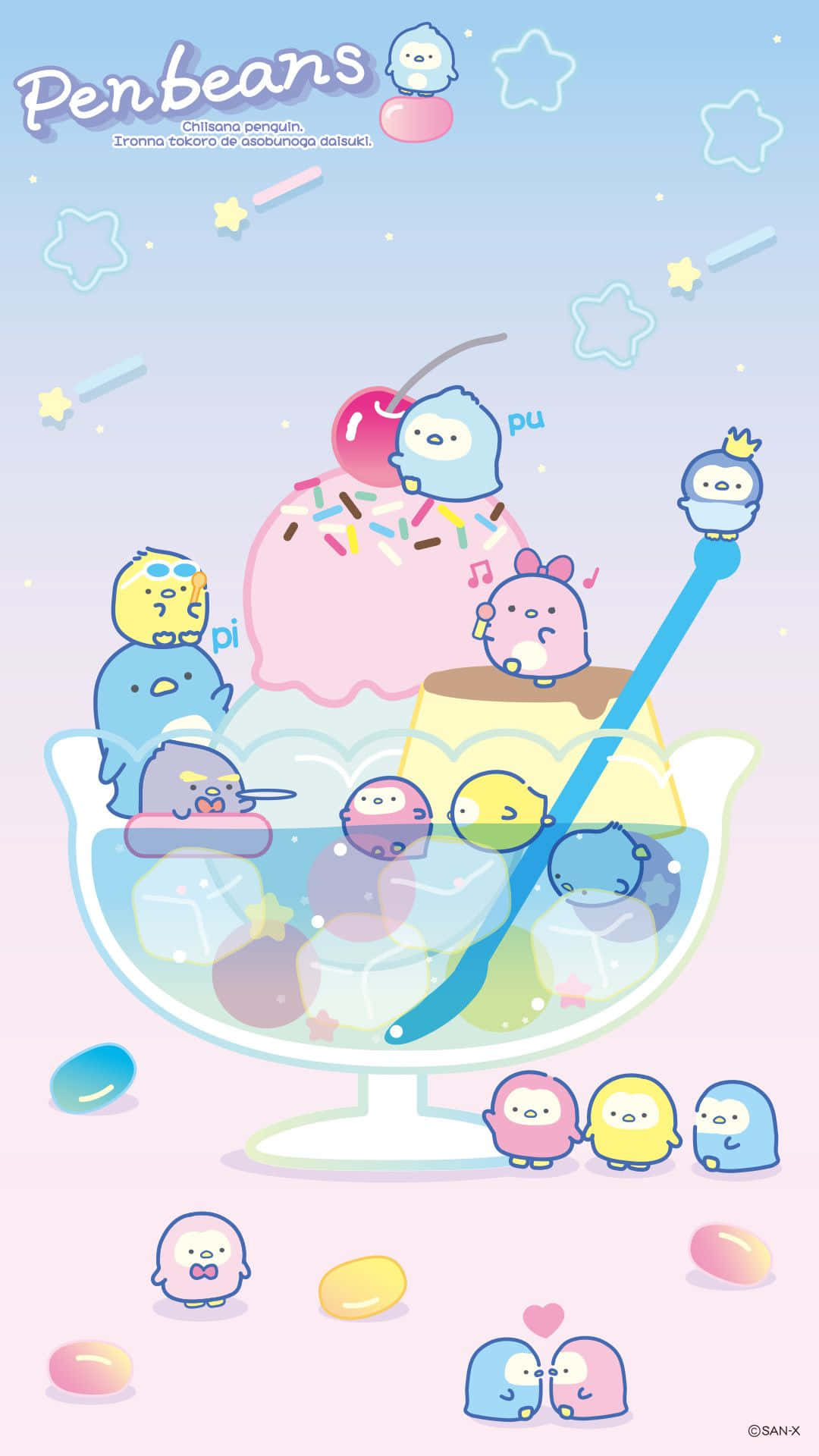 Kawaii Valentine, penguin characters, giant ice cream sundae, Full HD Phone Wallpaper