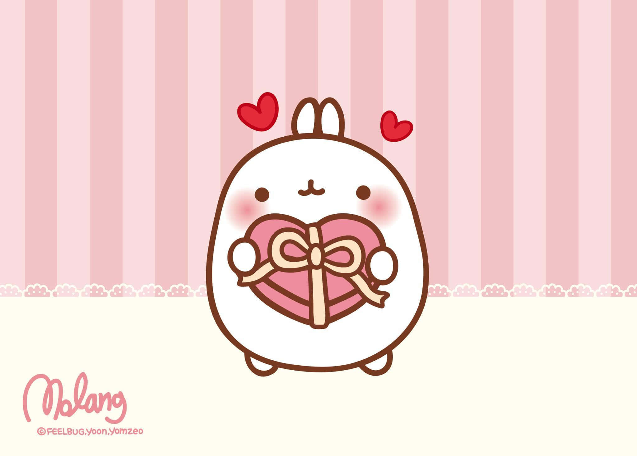 kawaii bunny, pink heart-shaped gift, bow, Full HD Desktop Wallpaper