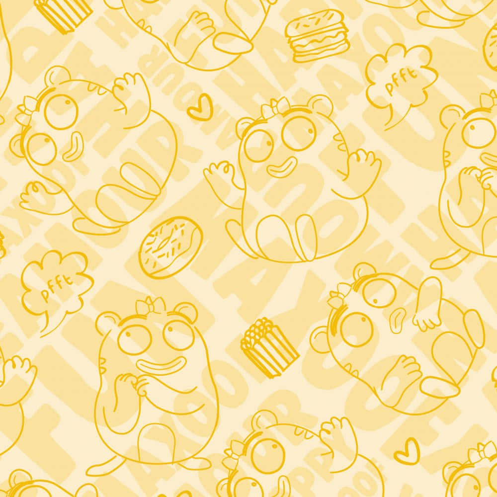 yellow line-art pattern, cartoon hamsters, food items, SD Desktop Wallpaper