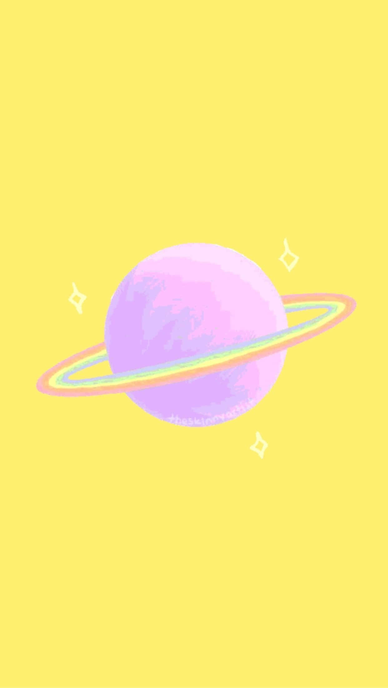 Kawaii Yellow, pastel purple planet, rainbow ring, Full HD Phone Wallpaper