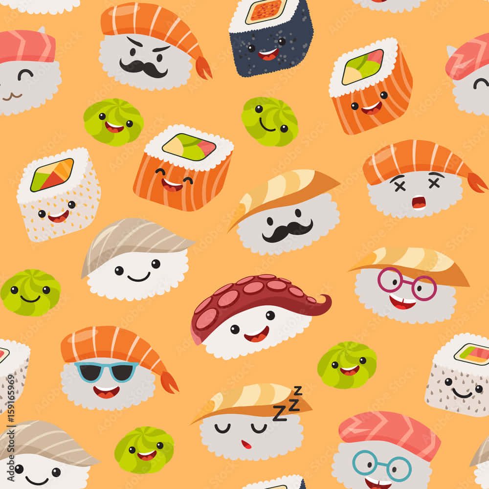kawaii yellow, cartoon sushi characters, faces, SD Desktop Wallpaper