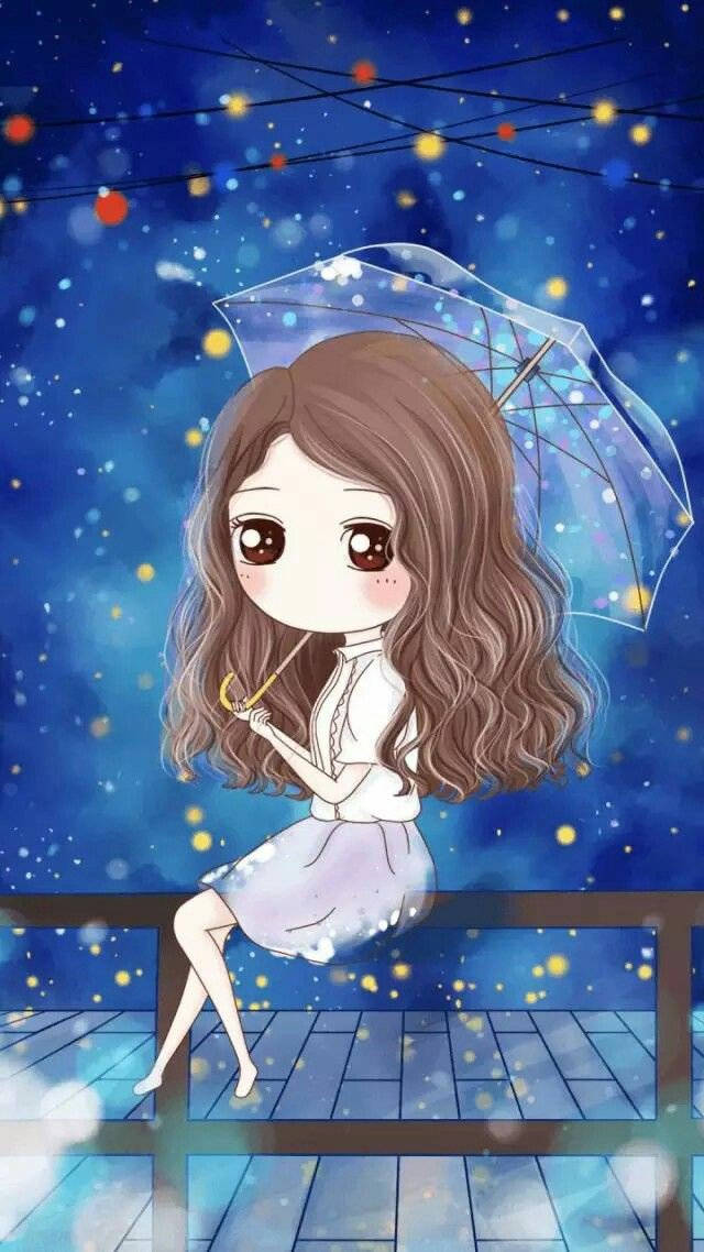 chibi anime girl, wavy brown hair, clear umbrella, SD Phone Wallpaper