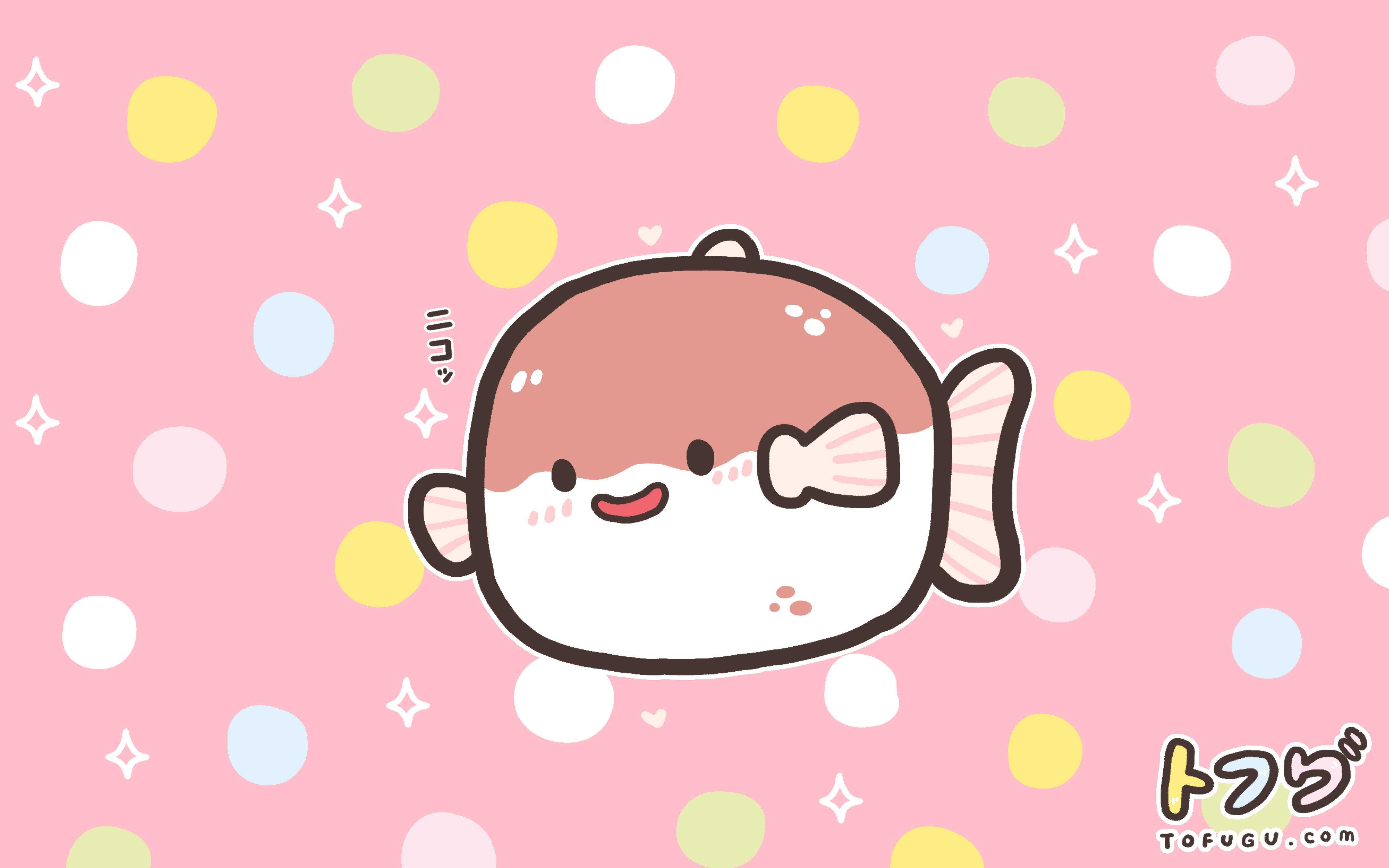 Charming Fish Cartoon Kawaii iPad, pufferfish, pink bow, 5K Desktop Wallpaper