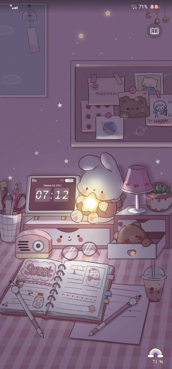 Cute Kawaii Rabbit, Purple Study Table, glowing lantern, HD Phone Wallpaper