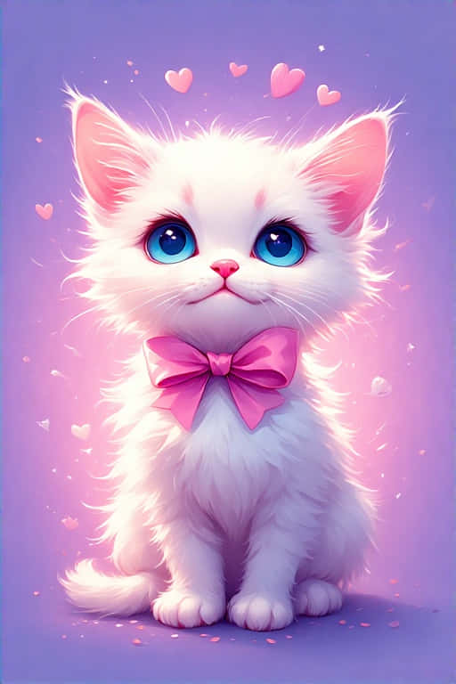 kawaii, white kitten, pink bow, SD Phone Wallpaper