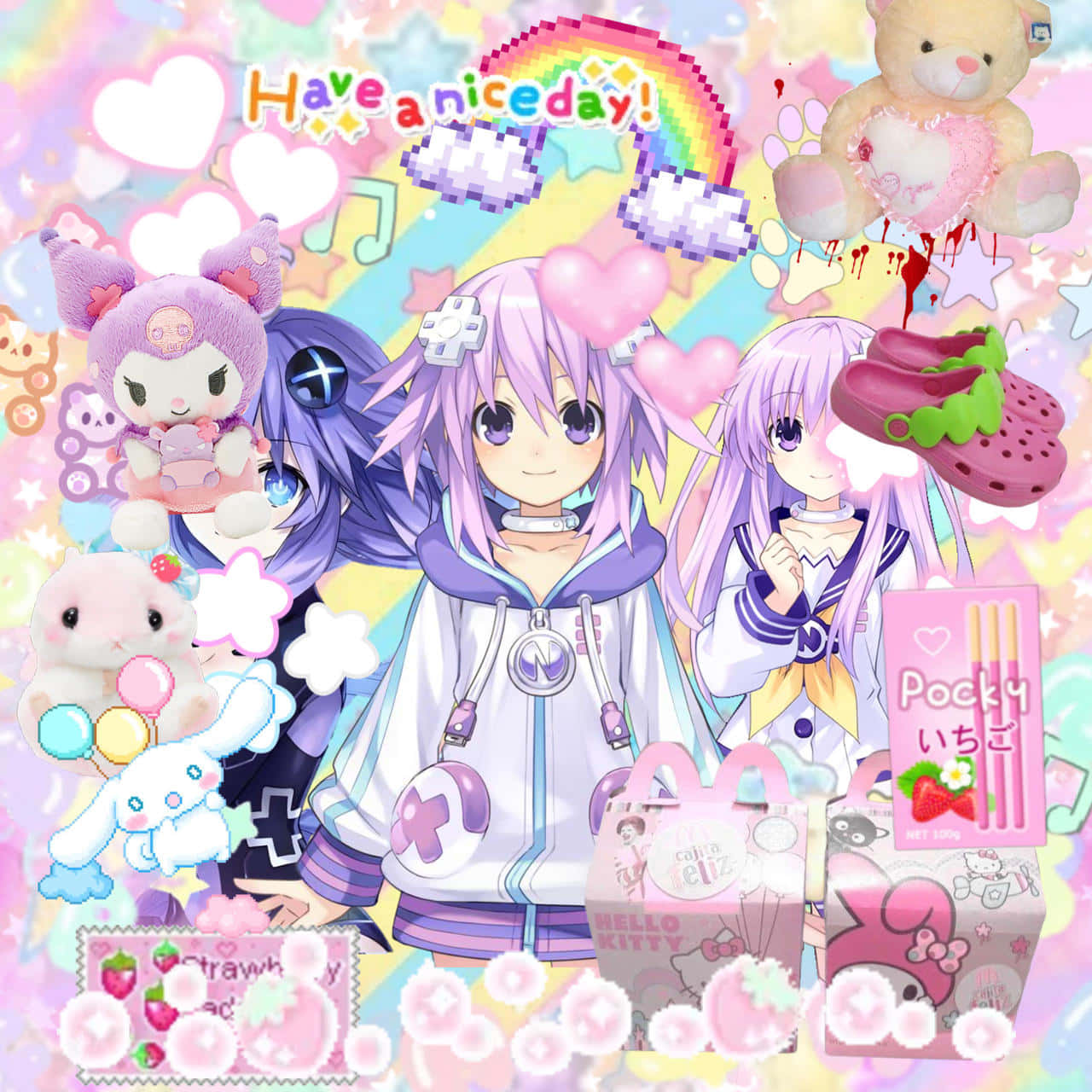 kawaii anime characters collage, purple outfits, plush toys, HD Desktop Wallpaper