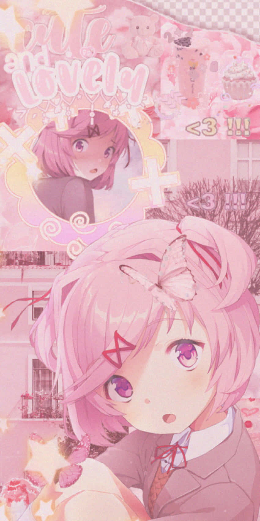 pink-haired anime girl, butterfly hair clips, red bowtie, HD Phone Wallpaper