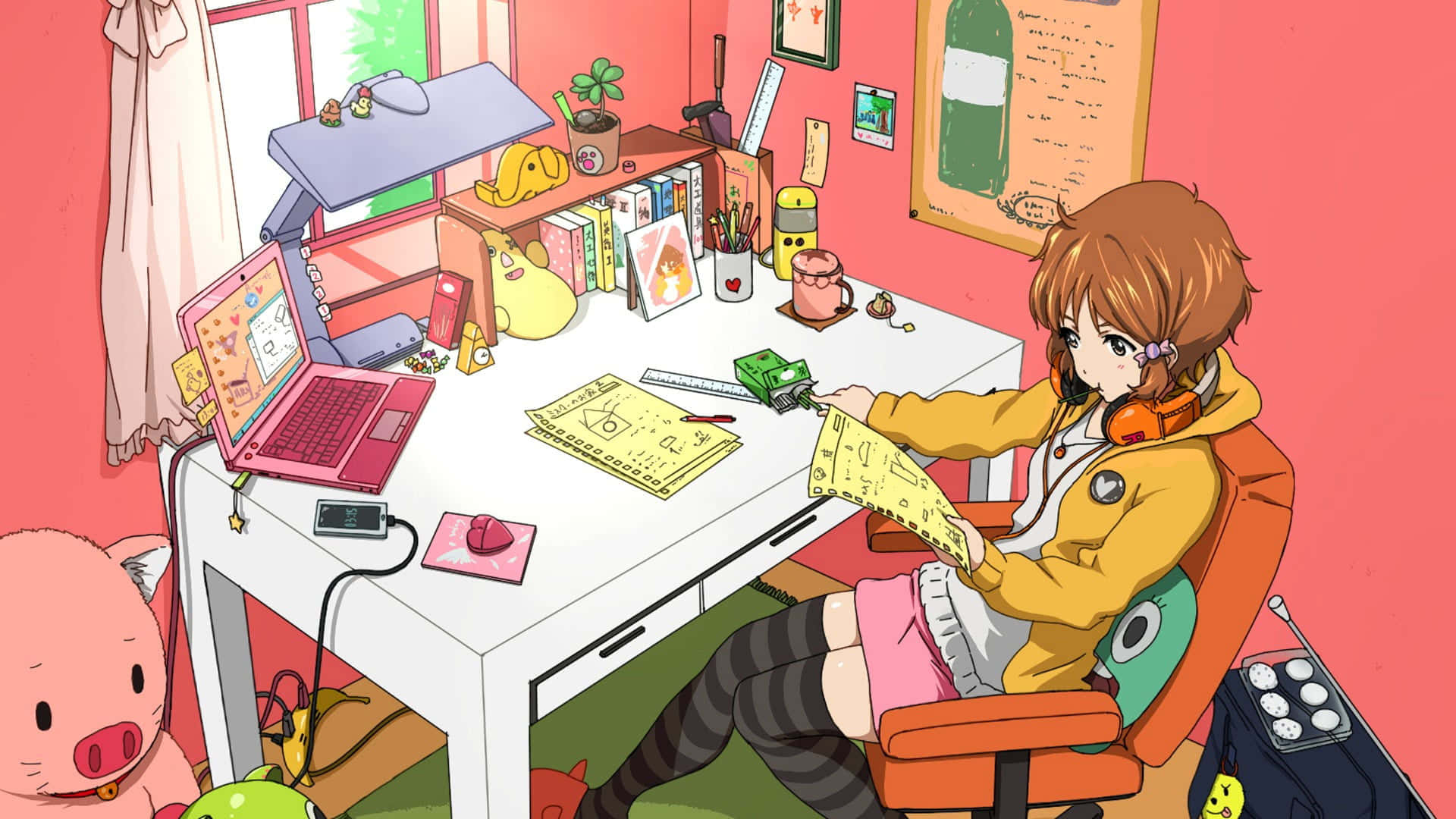 kawaii room, yellow hoodie, pink room, Full HD Desktop Wallpaper