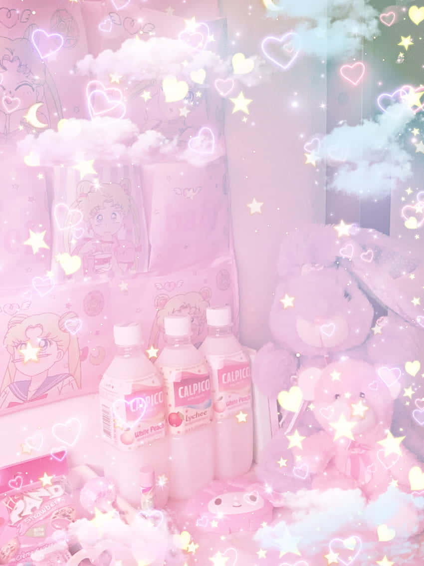 Kawaiicore, pink aesthetic, glowing hearts, SD Phone Wallpaper