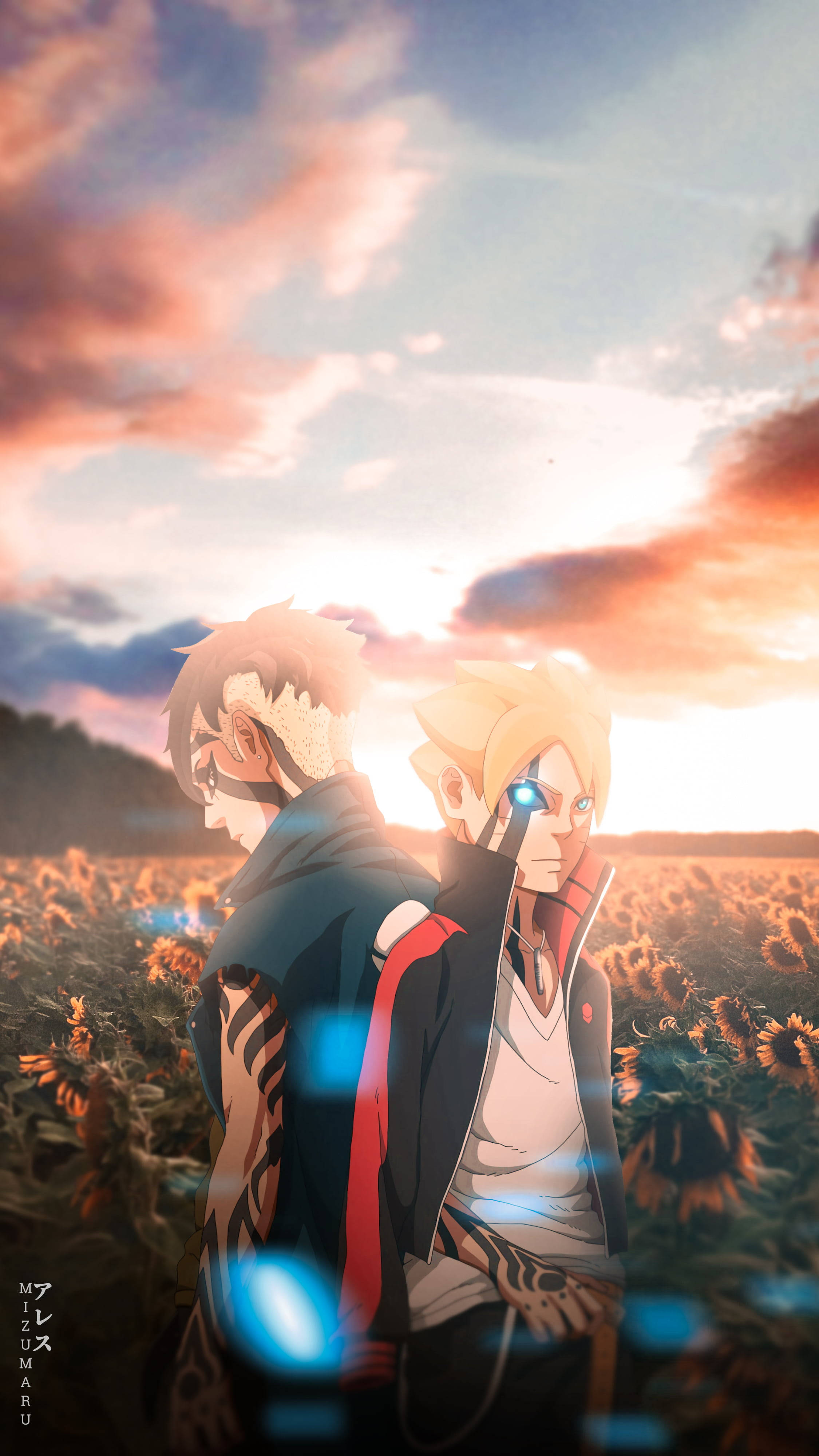 Kawaki Boruto, sunflower field, sunset, 4K Phone Wallpaper