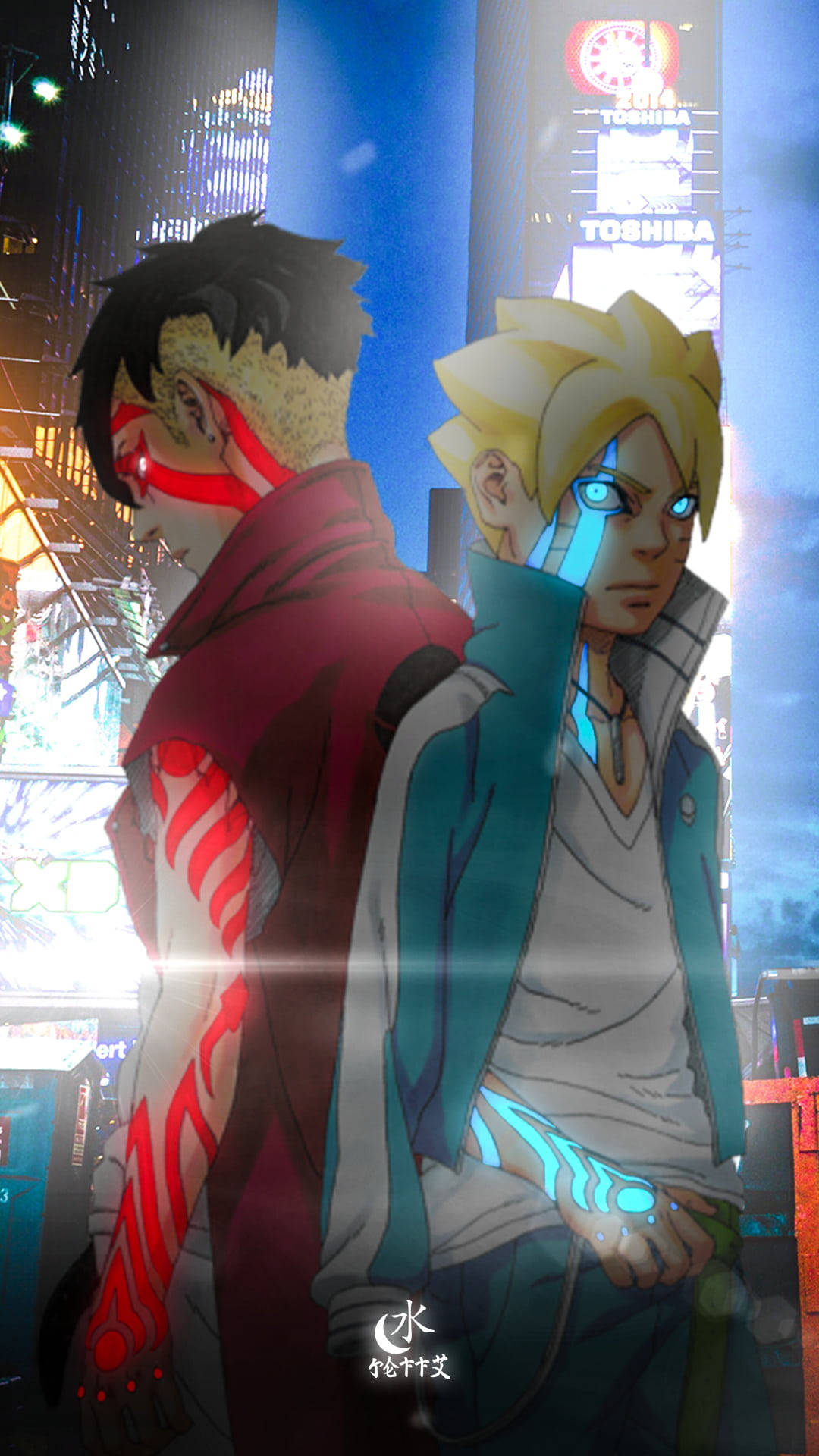 Kawaki Boruto, glowing blue eyes, glowing red energy, Full HD Phone Wallpaper