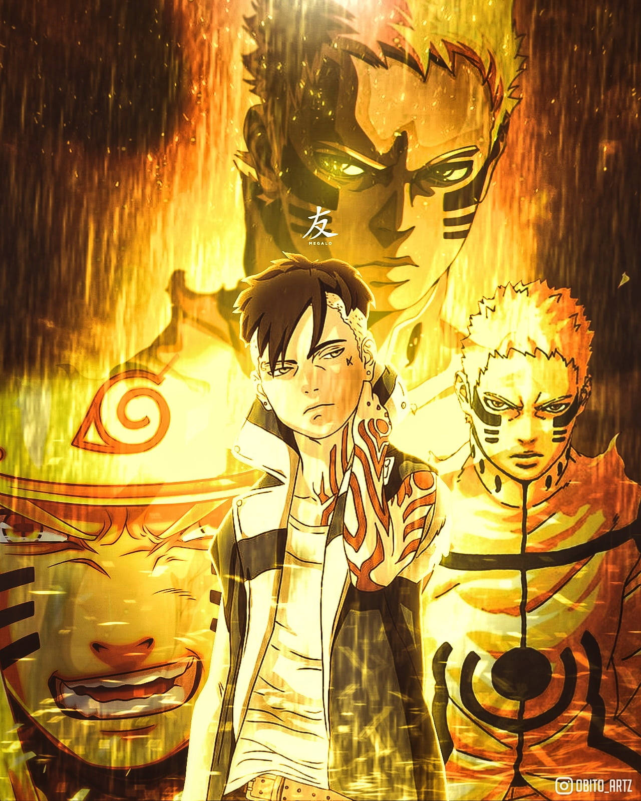 Kawaki Boruto, fiery orange light, rain-splashed backdrop, HD Phone Wallpaper