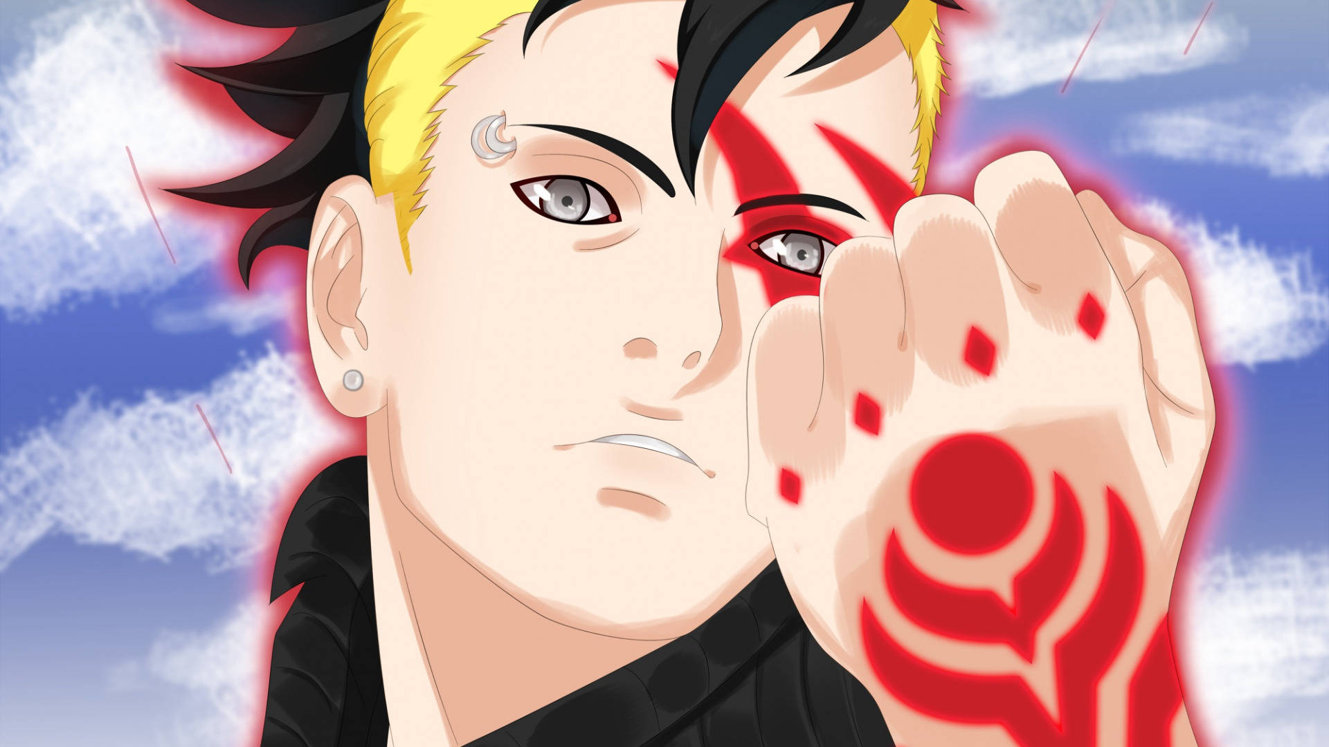 Kawaki, half red eye, glowing red hand seal, Full HD Desktop Wallpaper