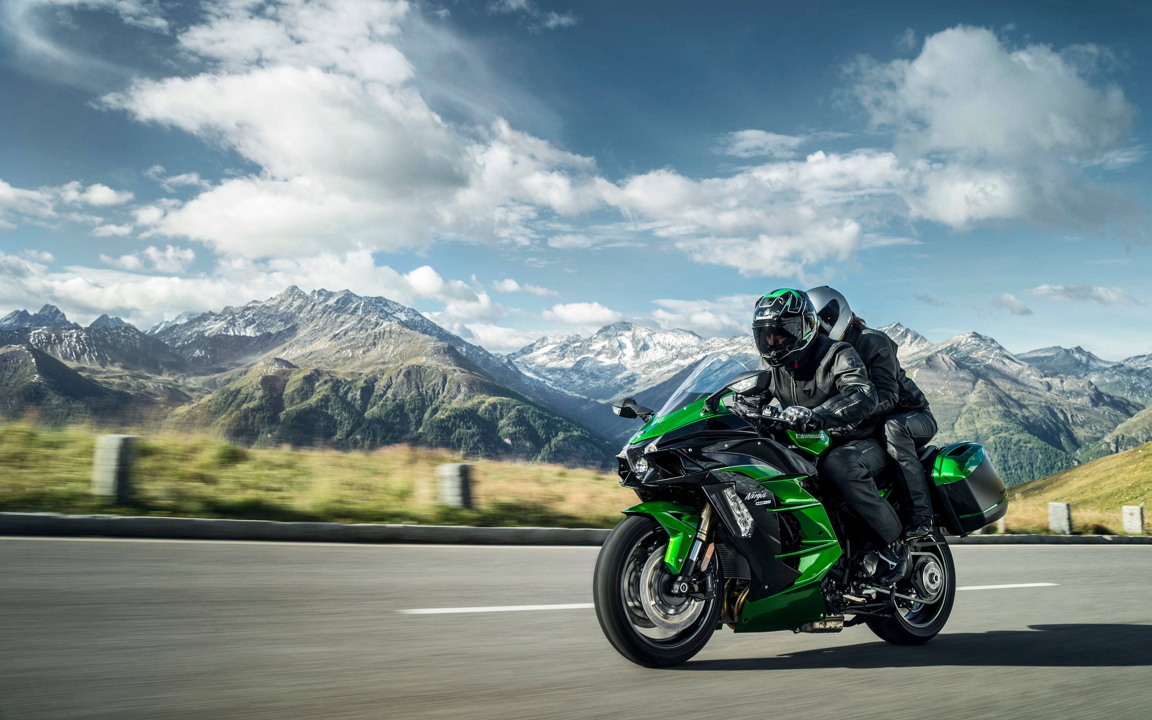 Kawasaki H2r, vibrant green sport motorcycle, mountain highway, 4K Desktop Wallpaper
