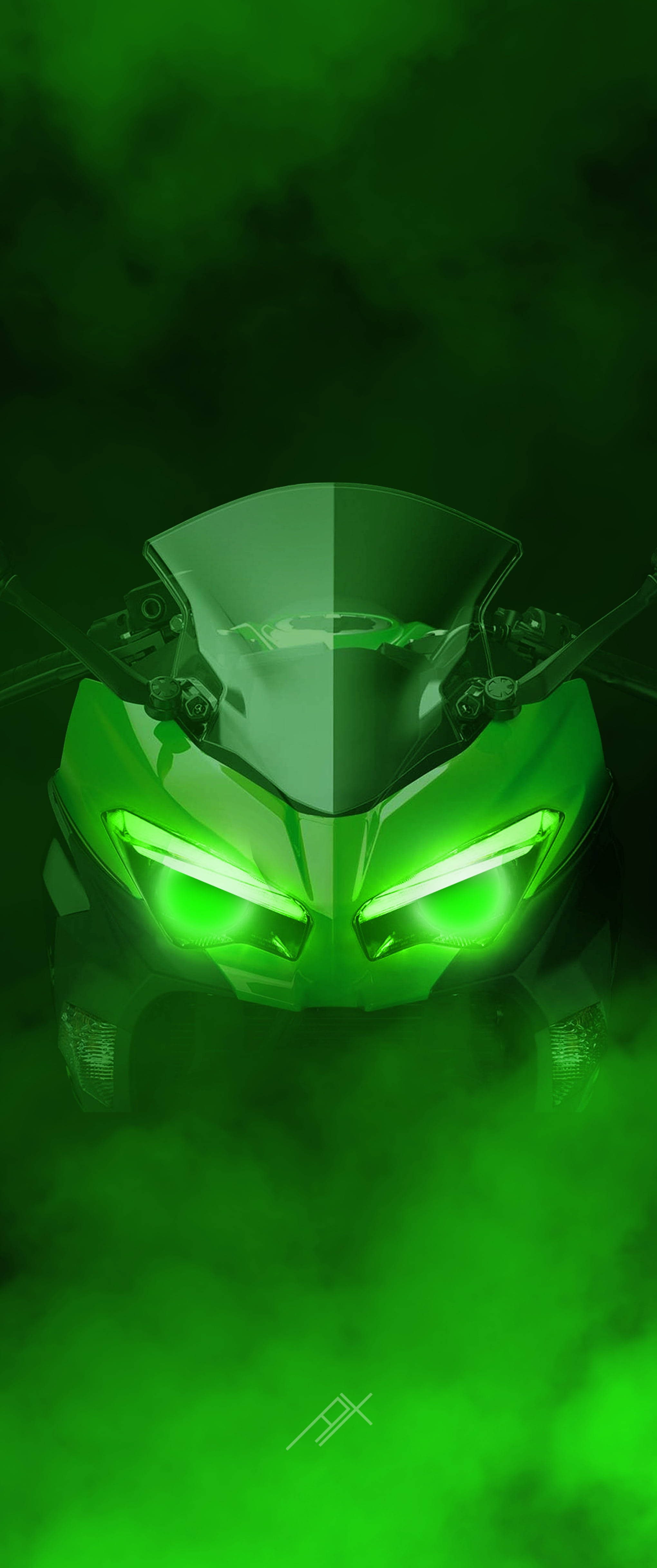 Kawasaki H2r, green smoke, glowing headlights, 4K Phone Wallpaper
