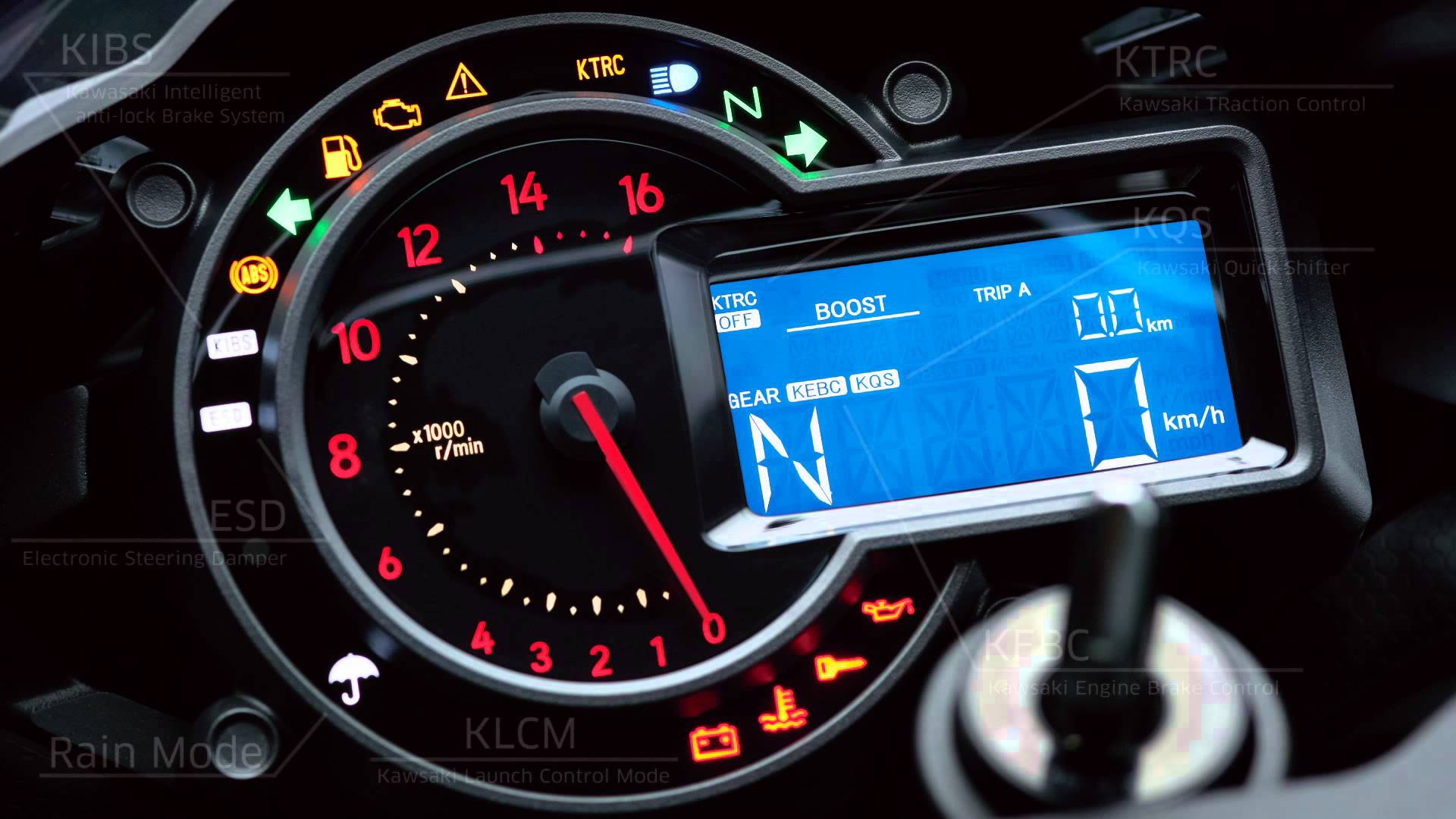 Kawasaki H2r, tachometer, glowing red and green indicators, Full HD Desktop Wallpaper