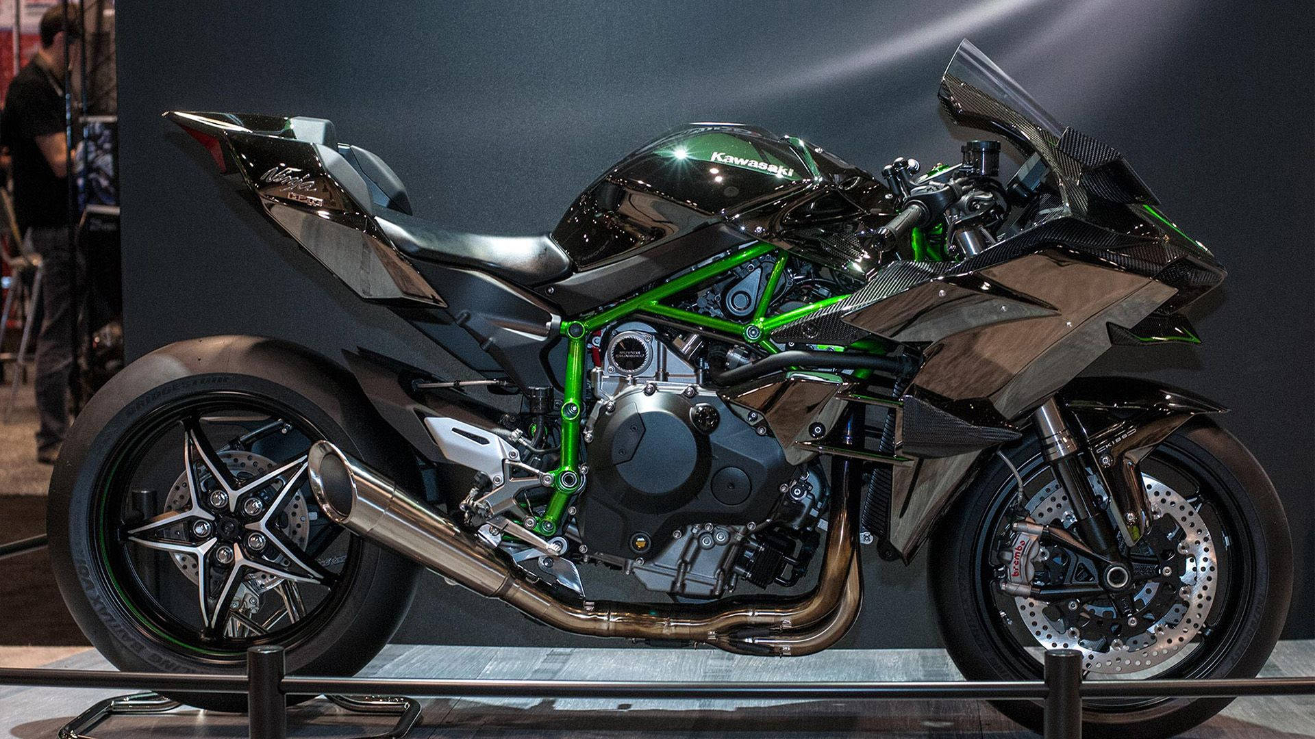 Kawasaki H2r, black and green, exposed engine, Full HD Desktop Wallpaper