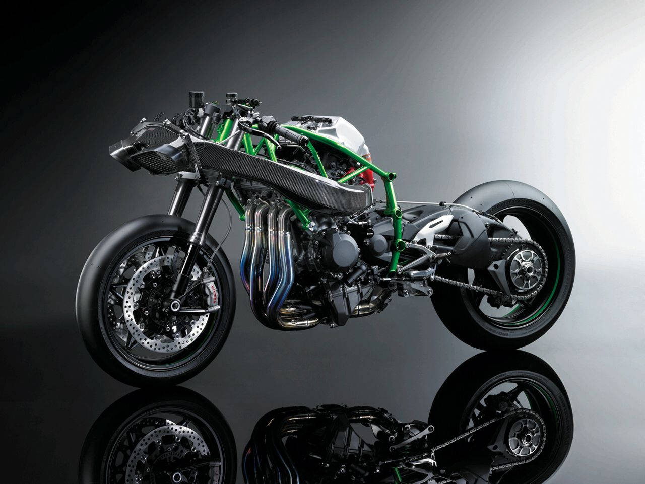 Kawasaki H2r, green frame, carbon fiber parts, HD Desktop Wallpaper