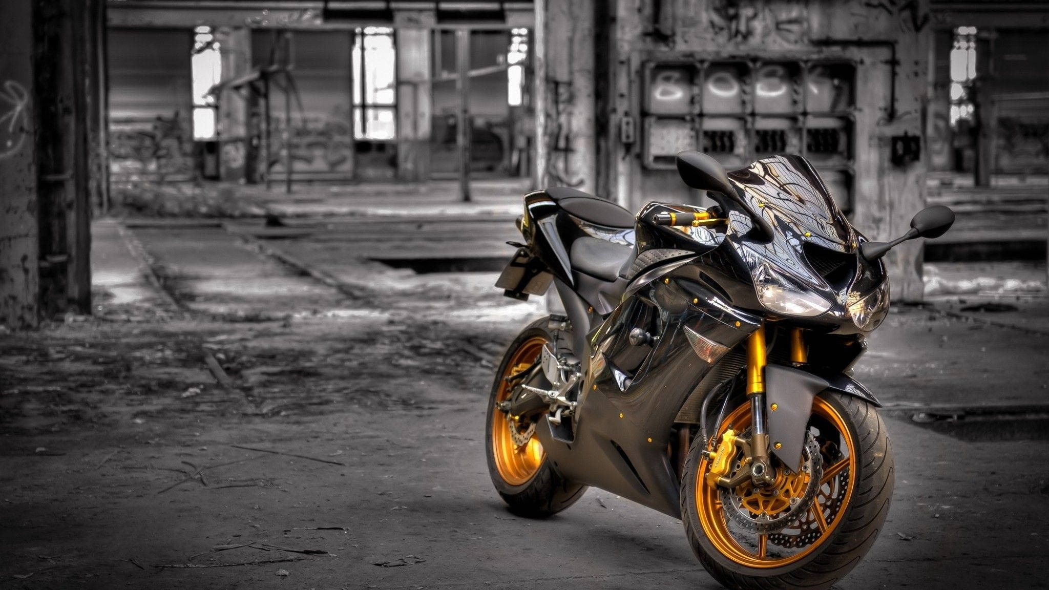 Kawasaki H2r, black and gold, gritty abandoned warehouse, Full HD Desktop Wallpaper