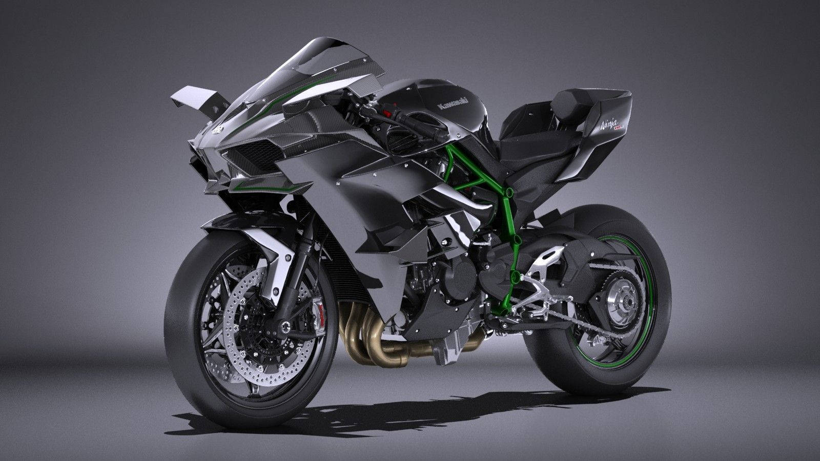 Kawasaki H2r, black and green, exposed mechanical details, HD Desktop Wallpaper
