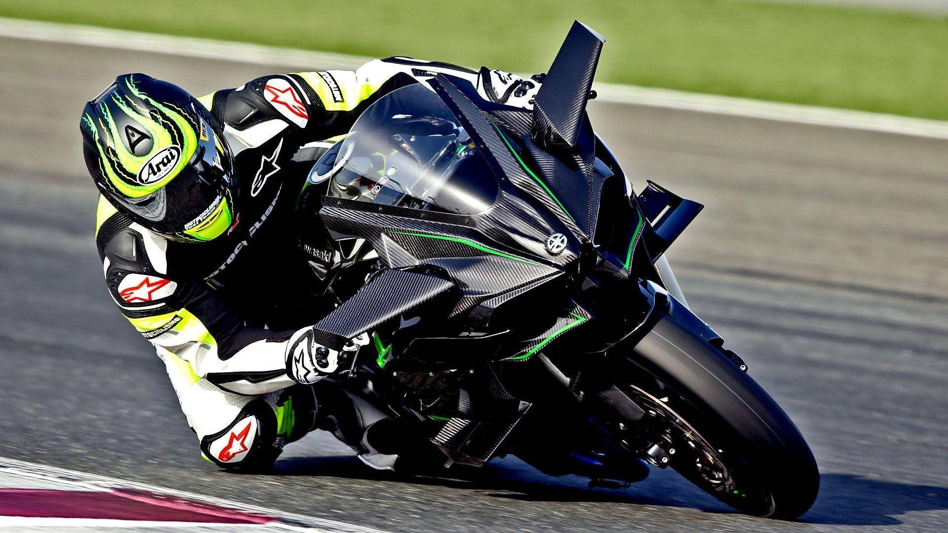 Kawasaki H2R, black and neon green gear, sleek black and green racing bike, Full HD Desktop Wallpaper