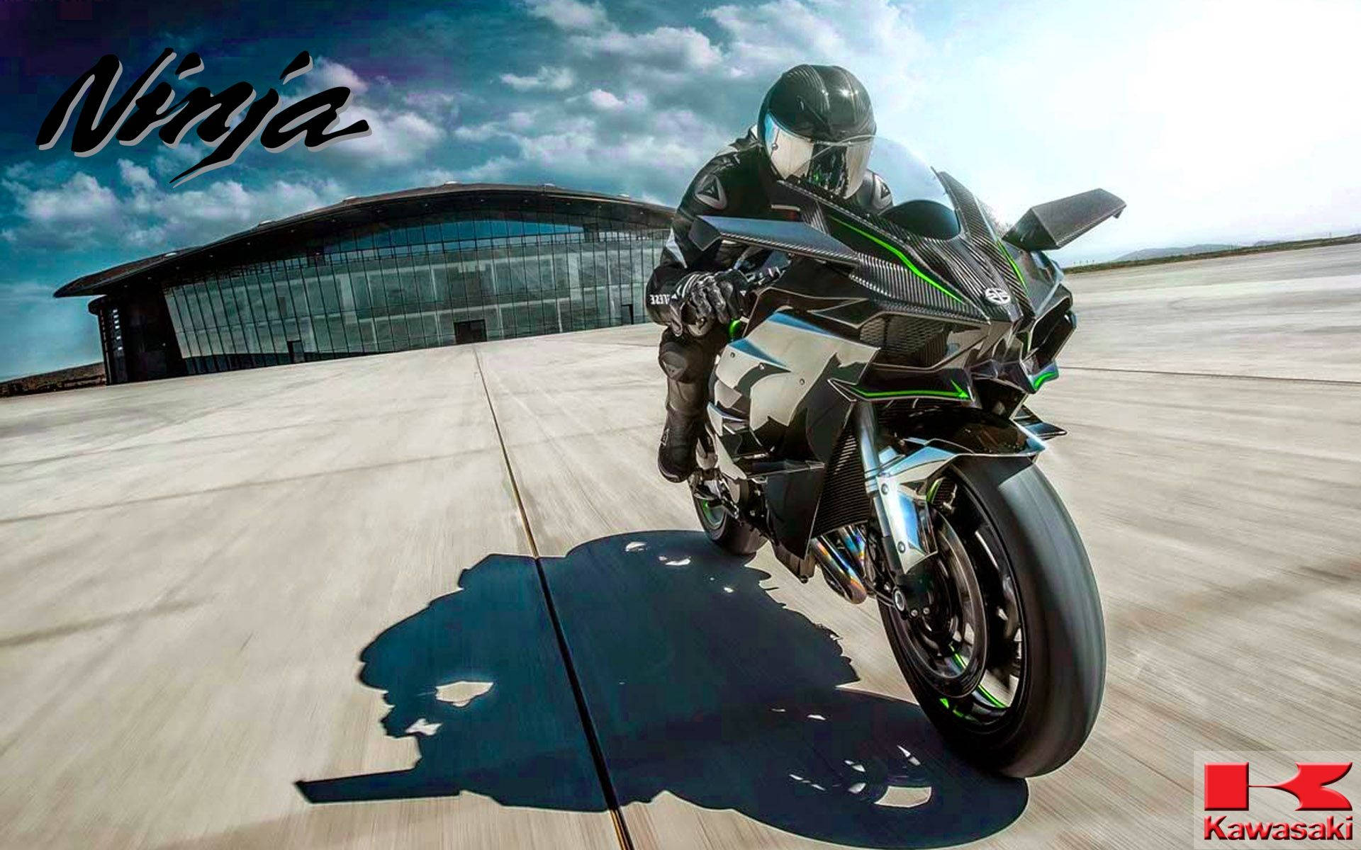 Kawasaki H2r, black and green, concrete airfield, Full HD Desktop Wallpaper