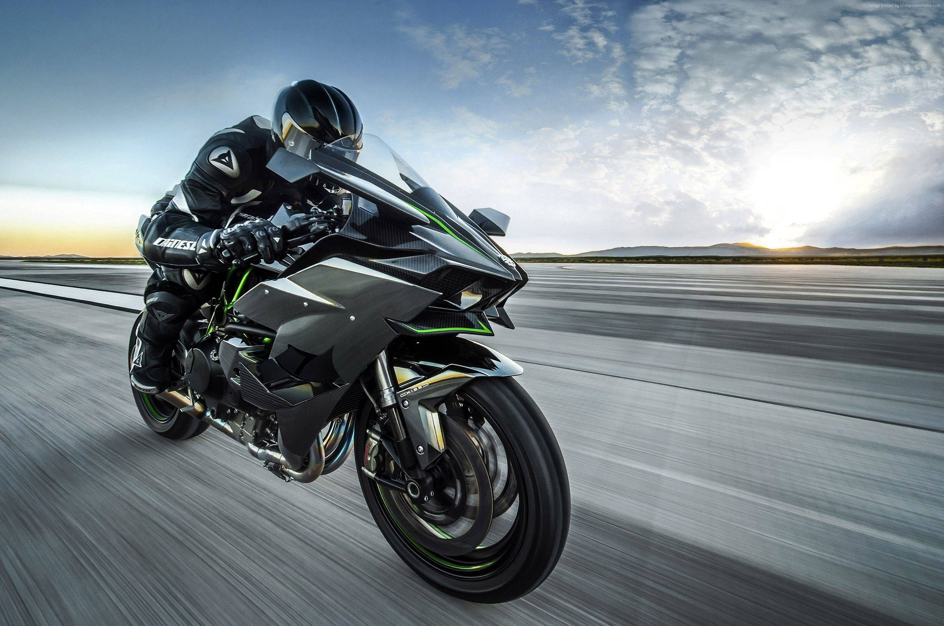 Kawasaki H2r, black gear, sleek black and green sport motorcycle, 2K Desktop Wallpaper