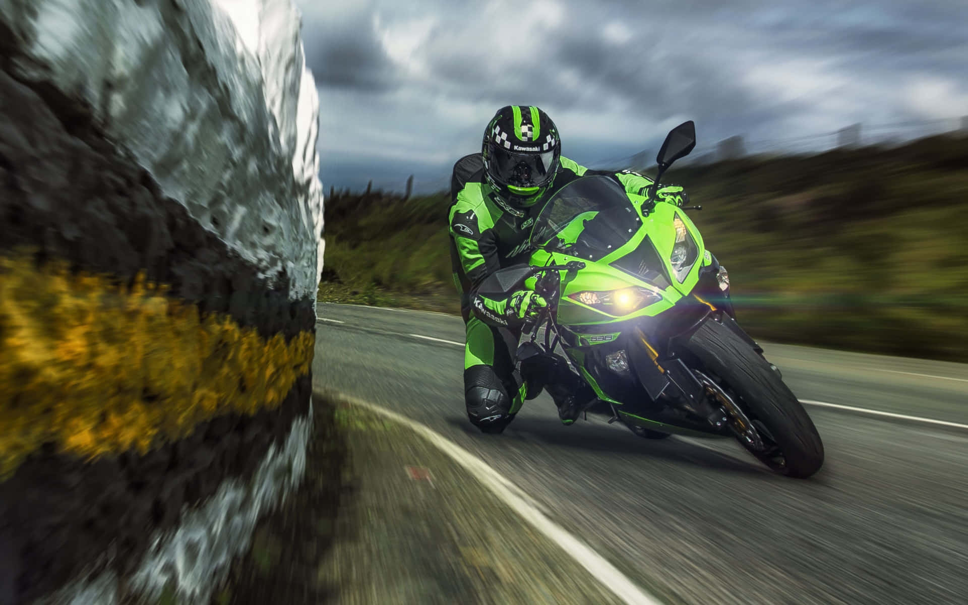 Kawasaki, neon green sport motorcycle, winding road, Full HD Desktop Wallpaper