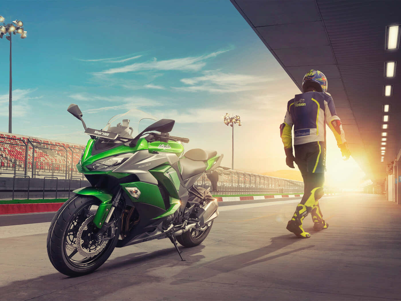 Kawasaki H2r, green sport motorcycle, sunset light, HD Desktop Wallpaper