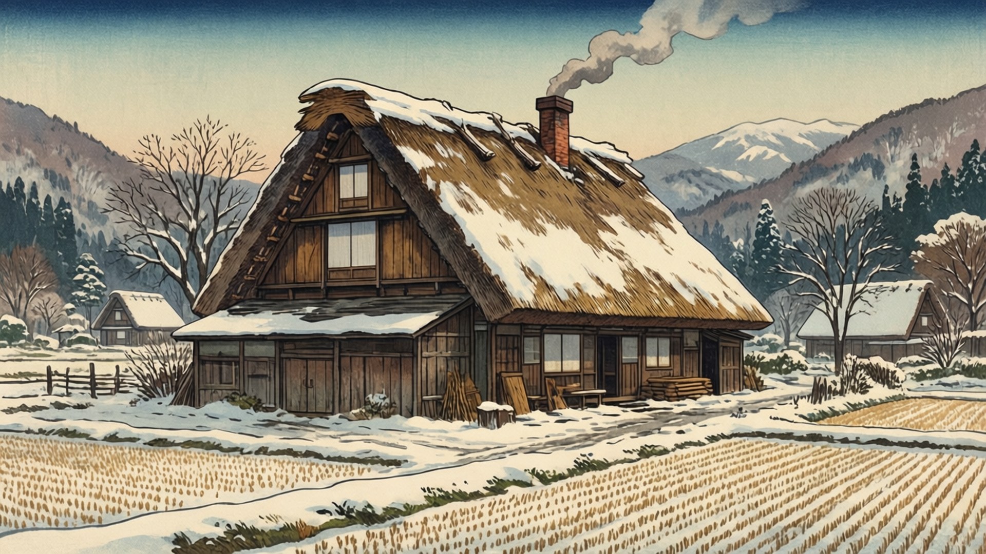 winter farmhouse, chimney smoke, tranquil winter landscape, Full HD Desktop Wallpaper