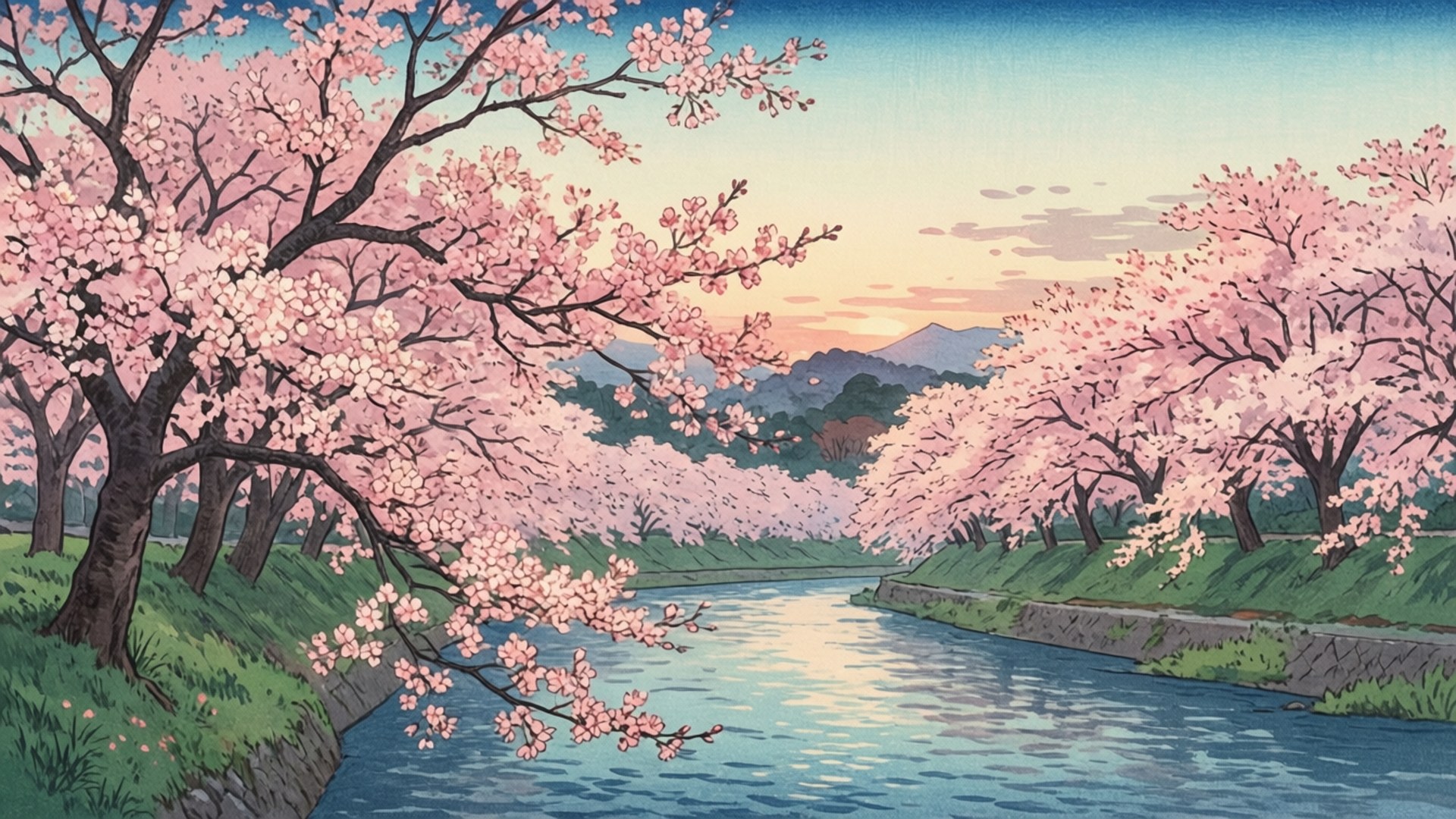 dawn, cherry blossoms, river, Full HD Desktop Wallpaper