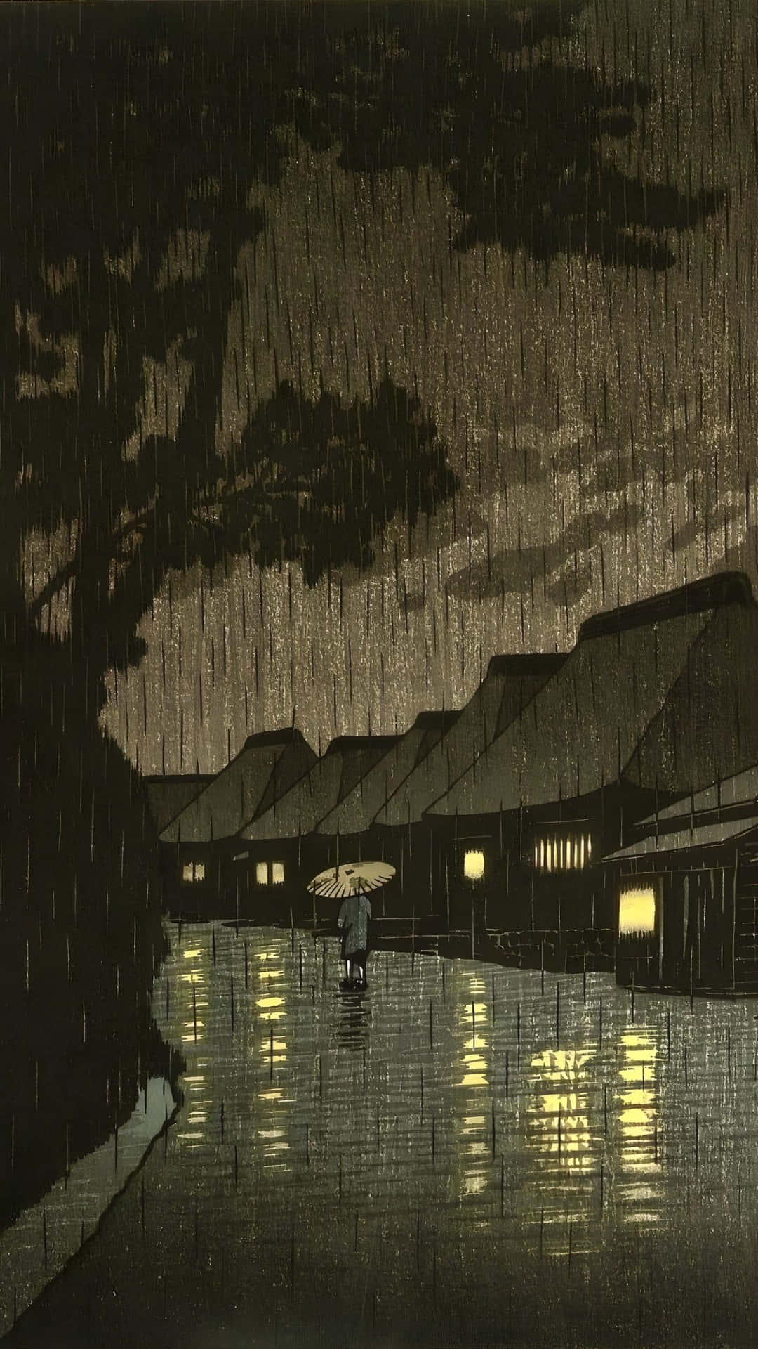 rain-slicked street, lone figure with a paper umbrella, dark tree, Full HD Phone Wallpaper