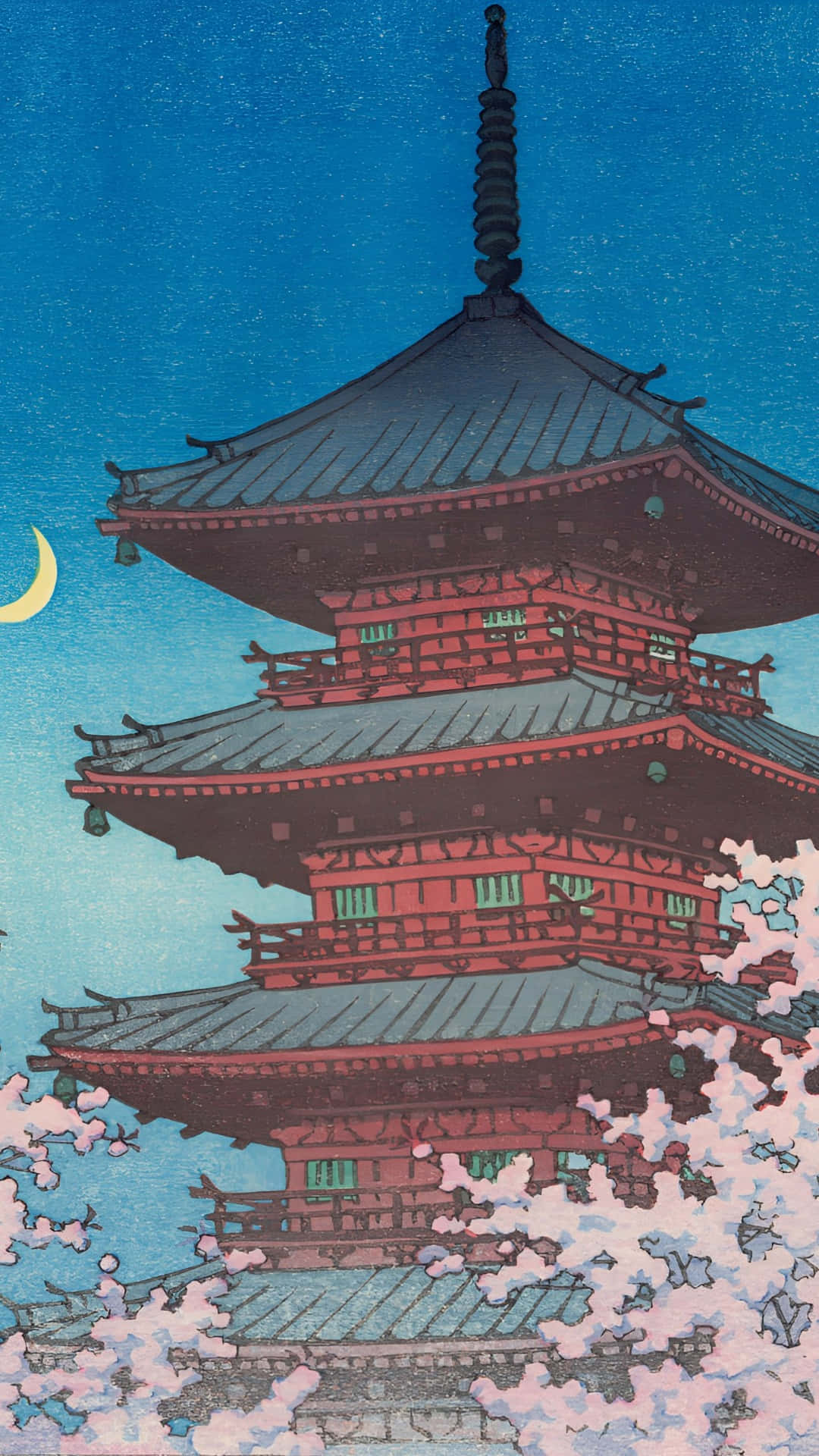 Kawase Hasui, moonlit pagoda, red pillars, Full HD Phone Wallpaper