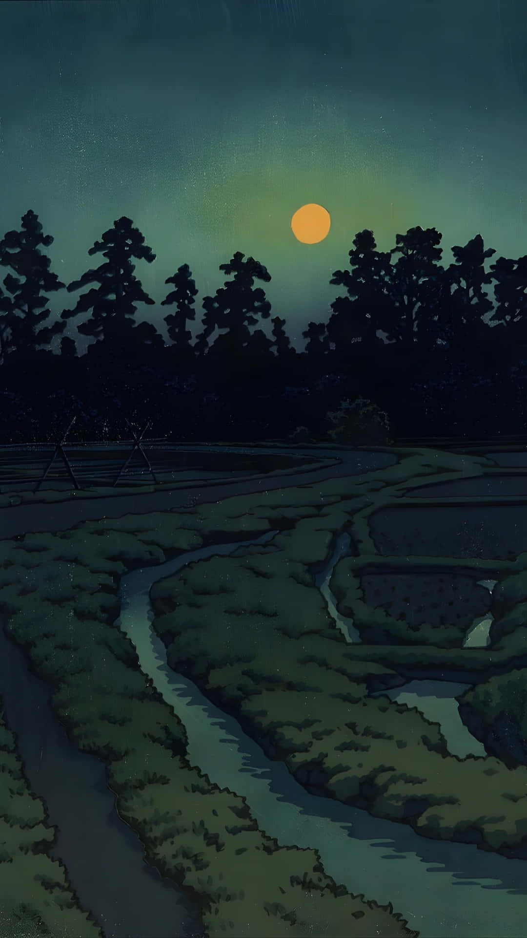 Kawase Hasui, moonlit rural landscape, glowing orange moon, Full HD Phone Wallpaper